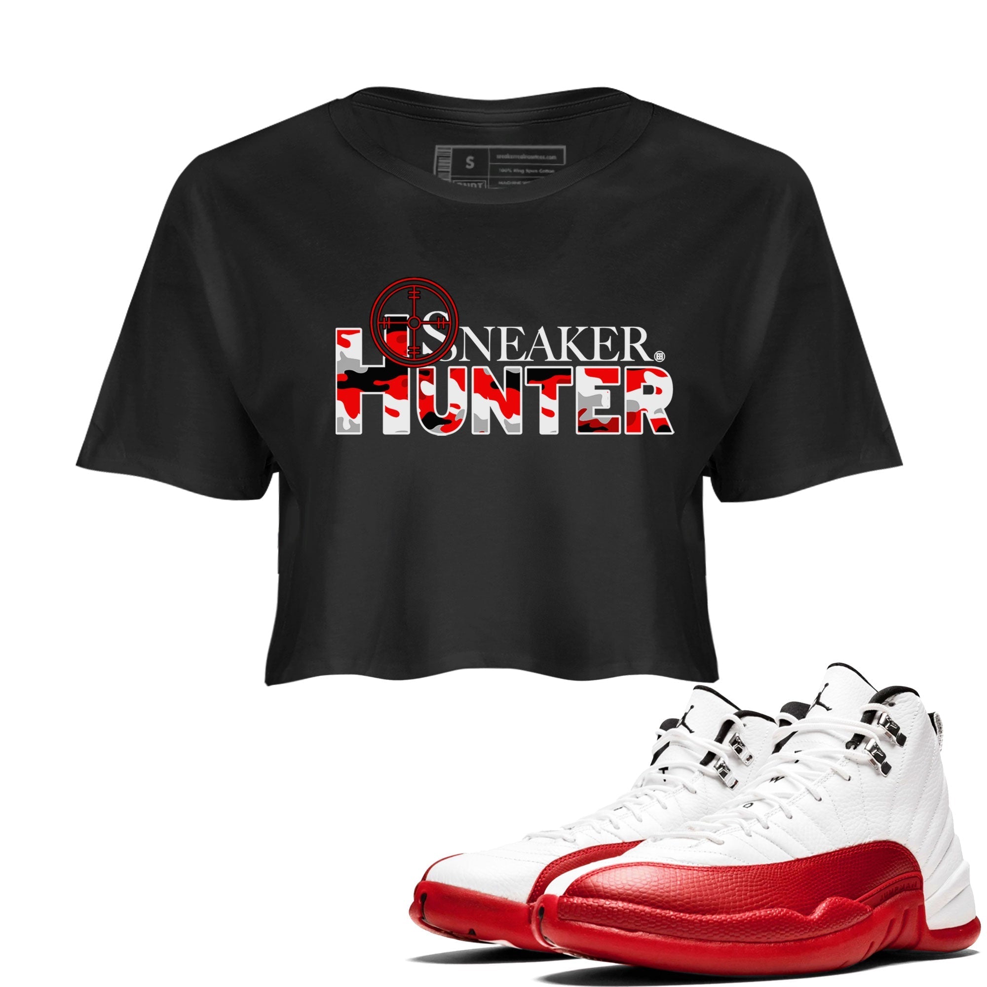 Air Jordan 12 Cherry shirt to match jordans Sneaker Hunter Streetwear Sneaker Shirt Air Jordan 12 Retro Cherry Drip Gear Zone Sneaker Matching Clothing Black 1 Crop T-Shirt