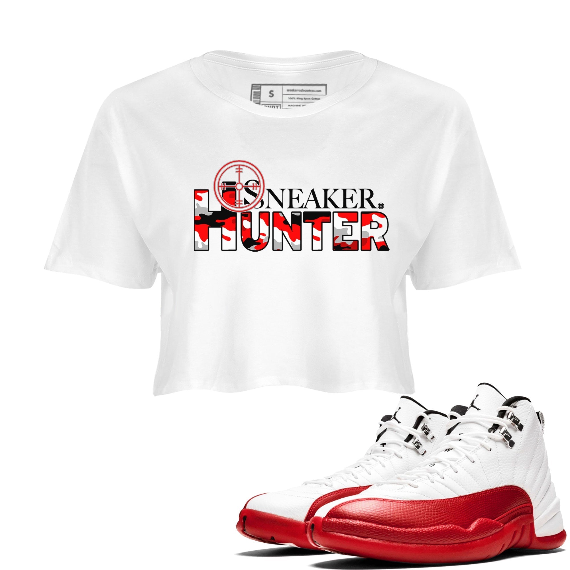 Air Jordan 12 Cherry shirt to match jordans Sneaker Hunter Streetwear Sneaker Shirt Air Jordan 12 Retro Cherry Drip Gear Zone Sneaker Matching Clothing White 1 Crop T-Shirt