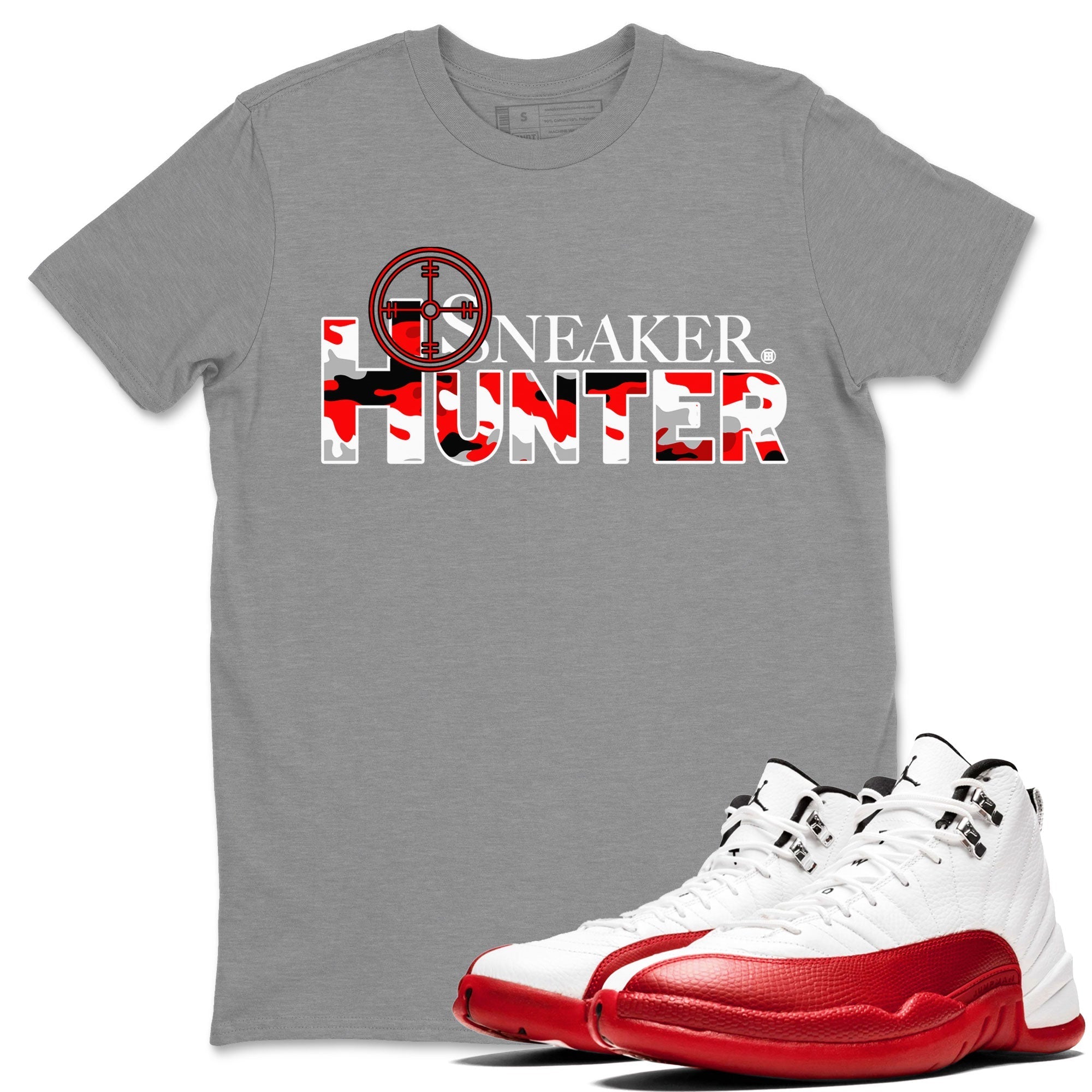 Air Jordan 12 Cherry shirt to match jordans Sneaker Hunter Streetwear Sneaker Shirt Air Jordan 12 Retro Cherry Drip Gear Zone Sneaker Matching Clothing Unisex Heather Grey 1 T-Shirt