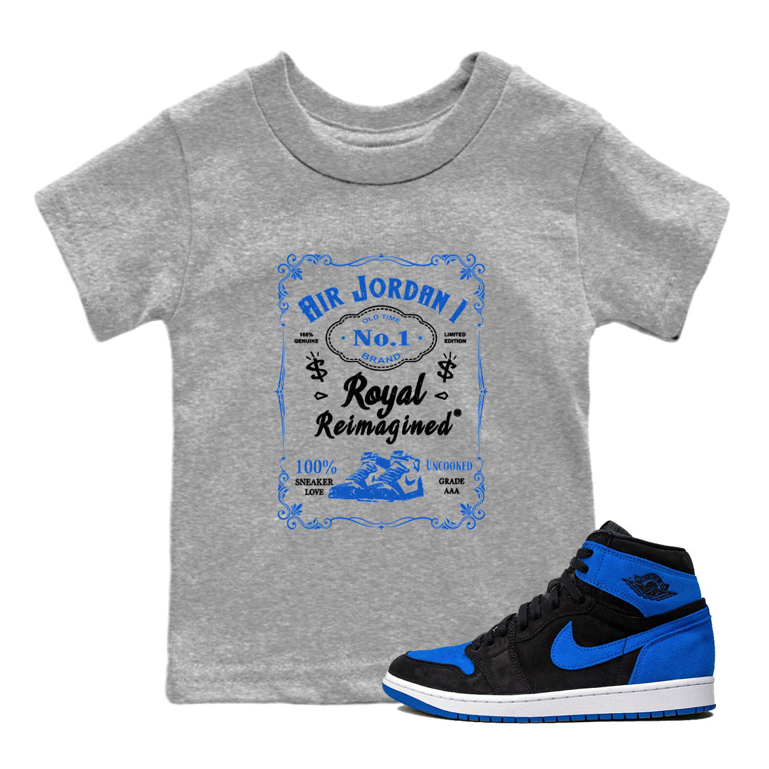 Jordan 1 High OG Royal Reimagined shirt to match jordans Sneaker Label sneaker tees Air Jordan 1 Royal Reimagined Drip Gear Zones Baby Toddler Heather Grey 1 T-Shirt