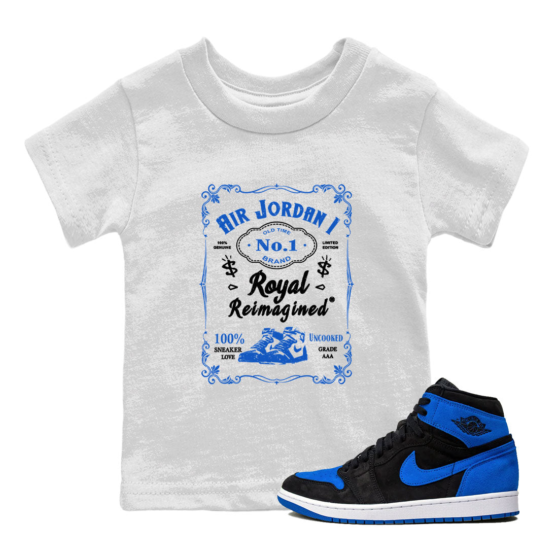 Jordan 1 High OG Royal Reimagined shirt to match jordans Sneaker Label sneaker tees Air Jordan 1 Royal Reimagined Drip Gear Zones Baby Toddler White 1 T-Shirt