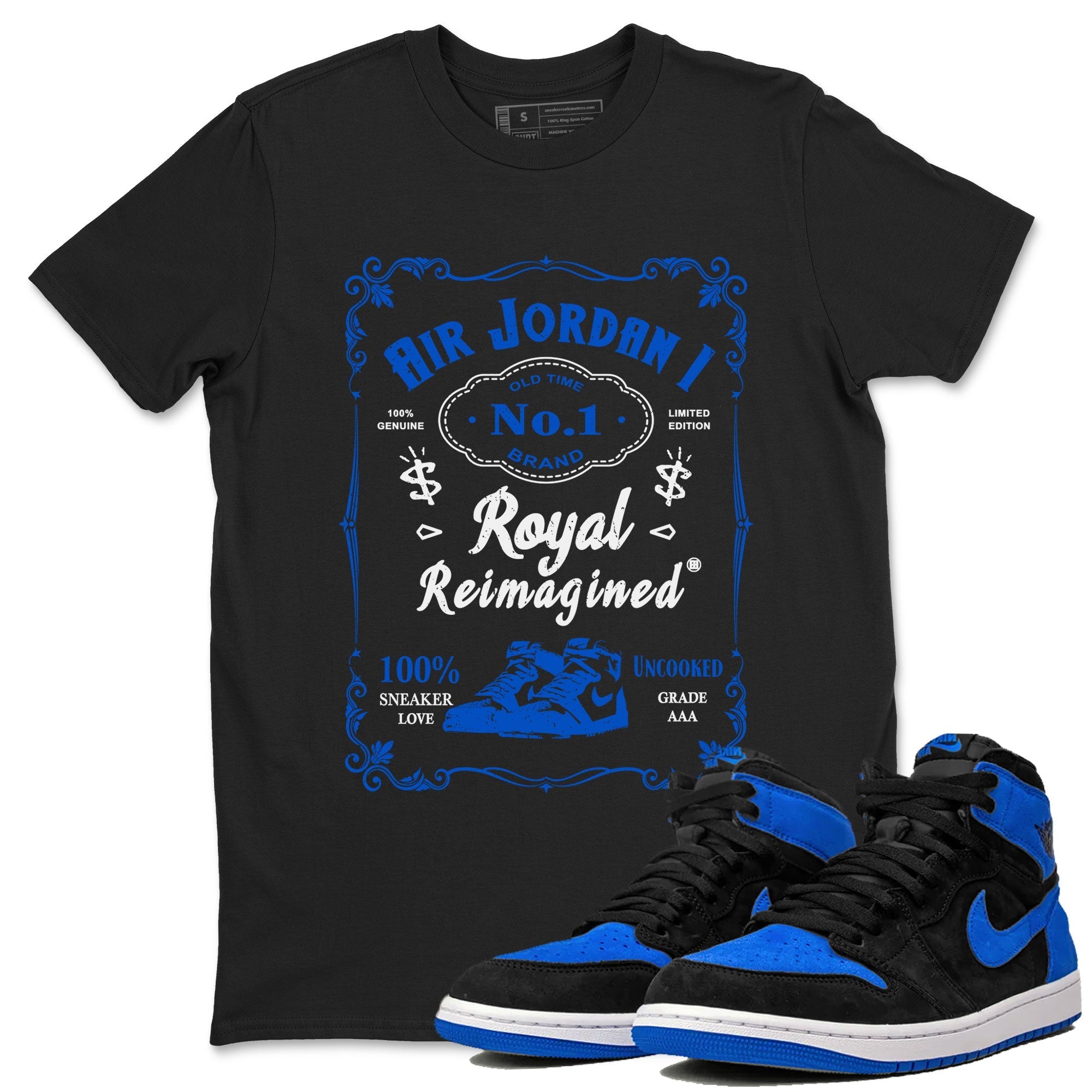 Jordan 1 High OG Royal Reimagined shirt to match jordans Sneaker Label sneaker tees Air Jordan 1 Royal Reimagined Drip Gear Zones Unisex Black 1 T-Shirt