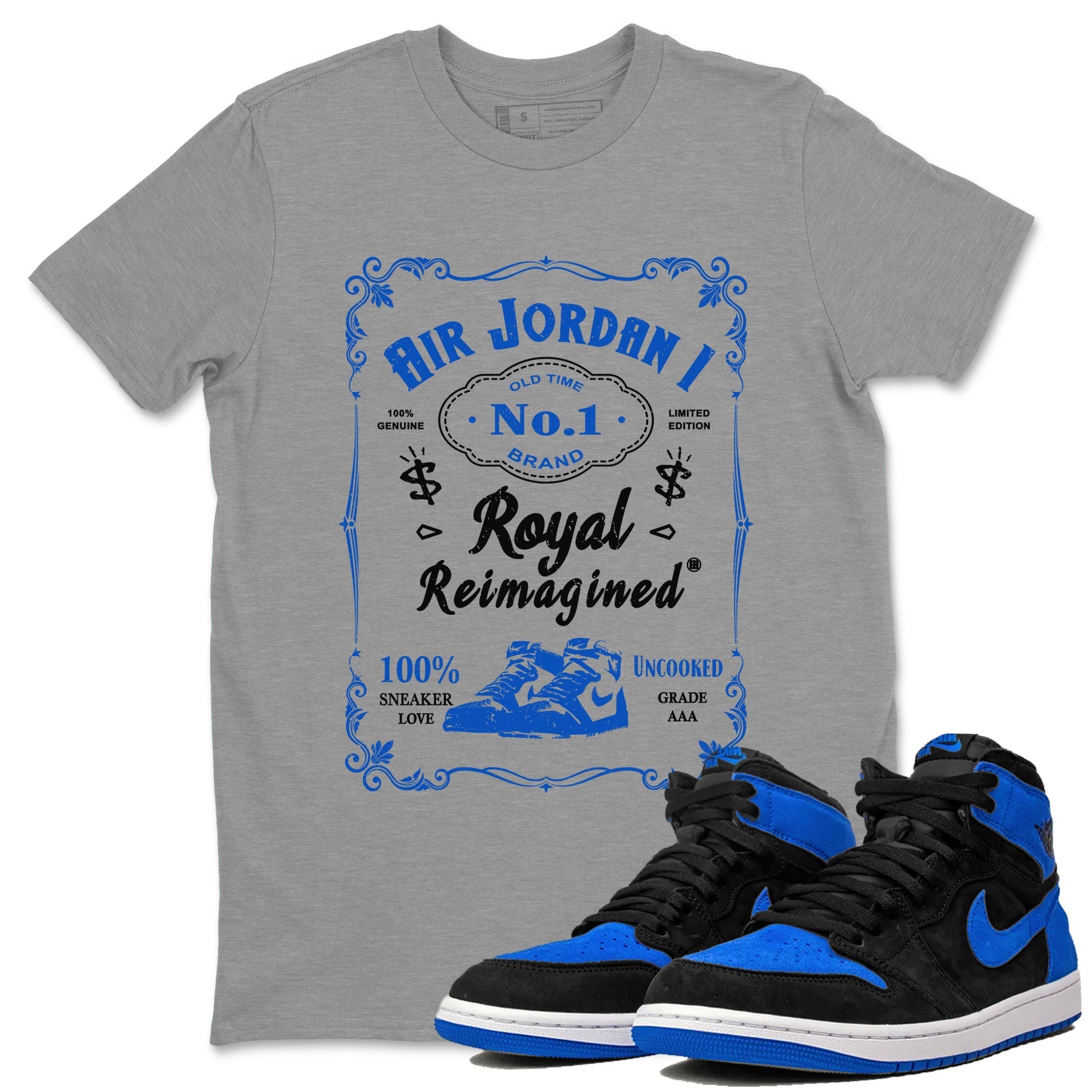 Jordan 1 High OG Royal Reimagined shirt to match jordans Sneaker Label sneaker tees Air Jordan 1 Royal Reimagined Drip Gear Zones Unisex Heather Grey 1 T-Shirt