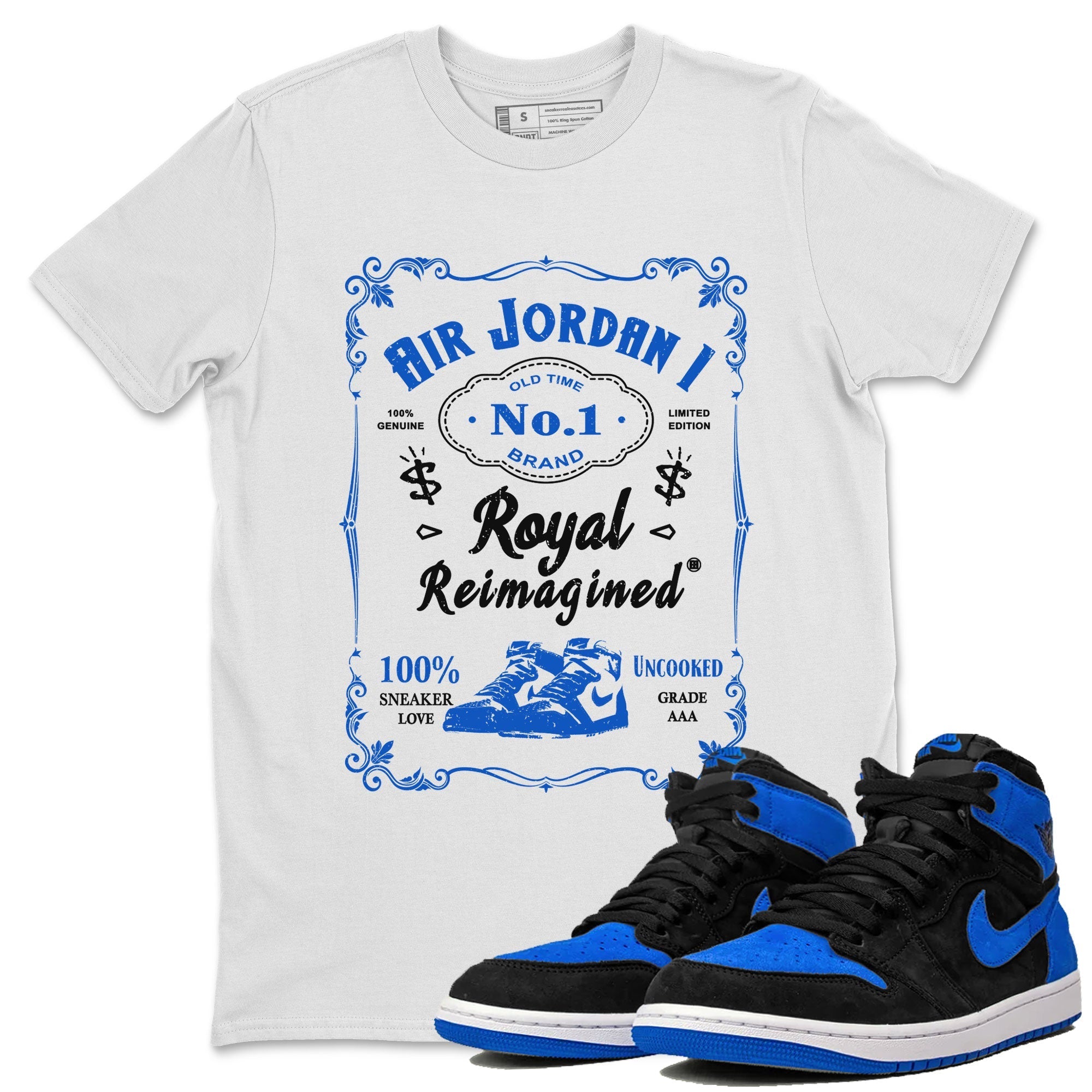 Jordan 1 High OG Royal Reimagined shirt to match jordans Sneaker Label sneaker tees Air Jordan 1 Royal Reimagined Drip Gear Zones Unisex White 1 T-Shirt