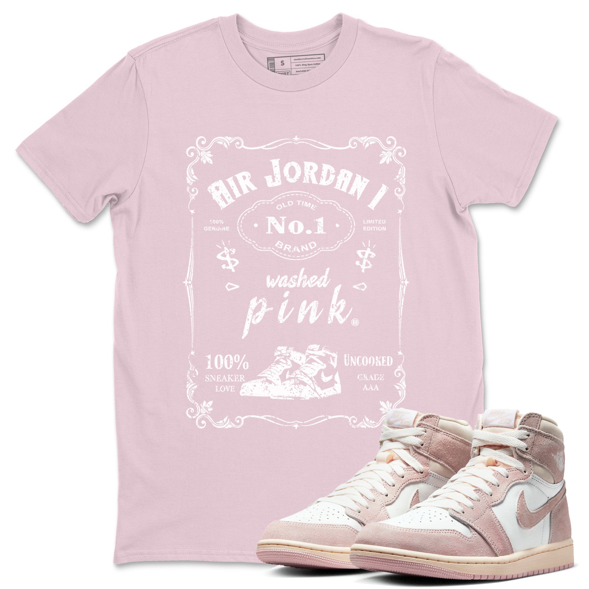 Air Jordan 1 Washed Pink Sneaker Label Crew Neck Streetwear Sneaker Shirt Air Jordan 1 High OG WMNS Washed Pink Sneaker T-Shirts Washing and Care Tip