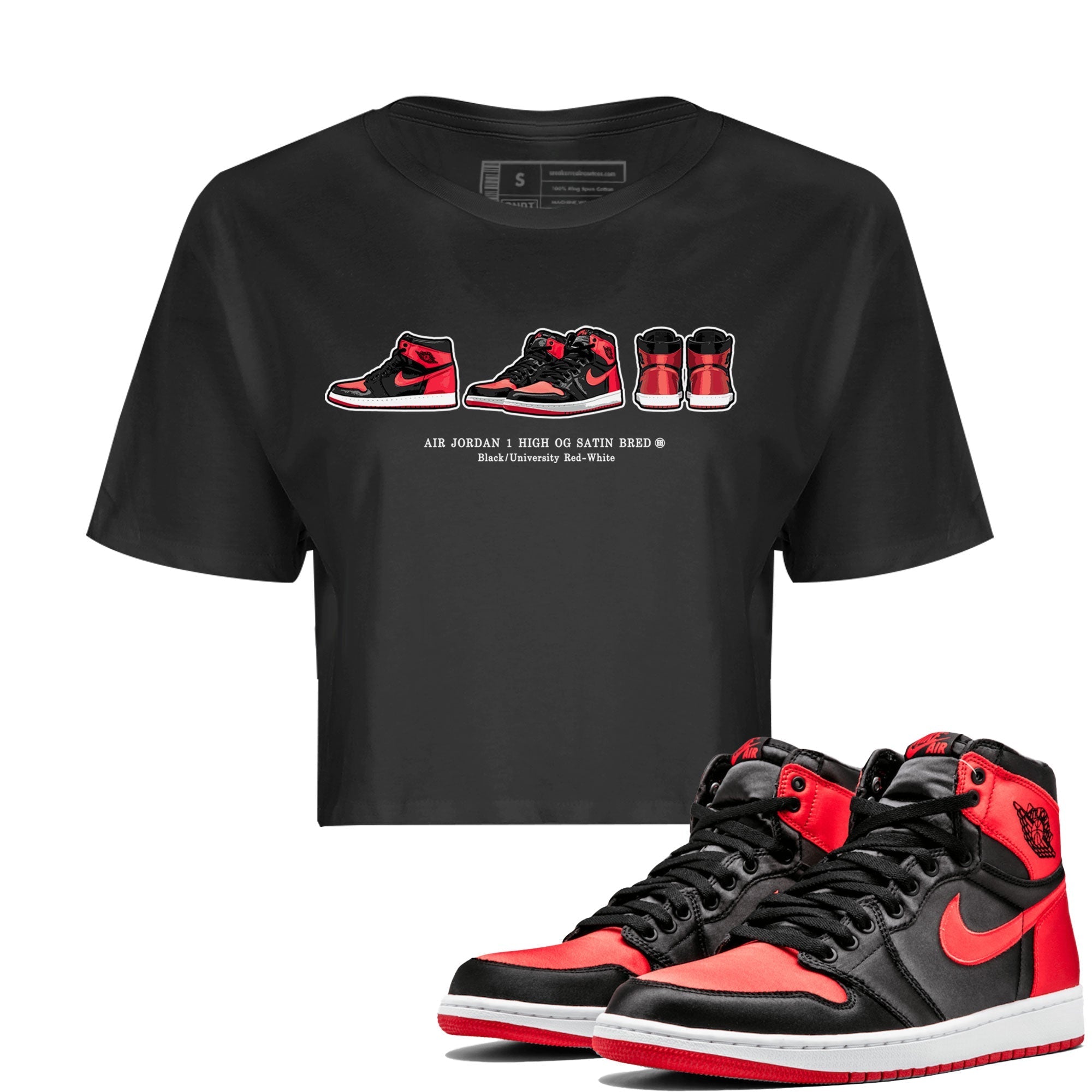 Air Jordan 1 Satin Bred Sneaker Match Tees Sneaker Prelude Streetwear Sneaker Shirt Air Jordan 1 Satin Bred Drip Gear Zone Sneaker Matching Clothing Women's Shirts Black 1