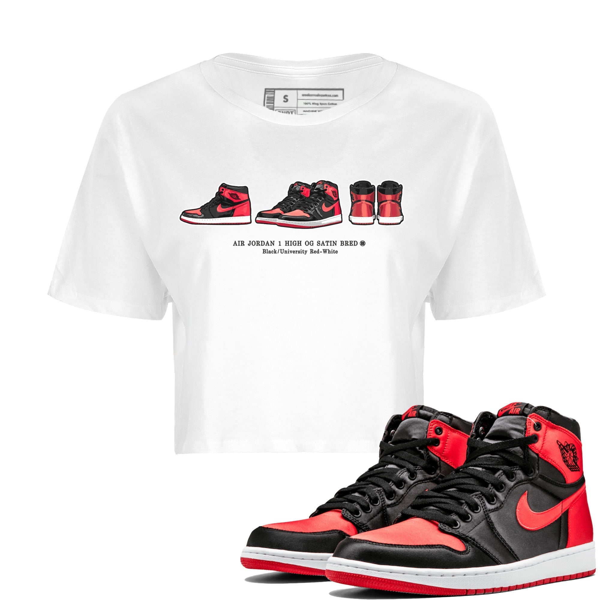Air Jordan 1 Satin Bred Sneaker Match Tees Sneaker Prelude Streetwear Sneaker Shirt Air Jordan 1 Satin Bred Drip Gear Zone Sneaker Matching Clothing Women's Shirts White 1
