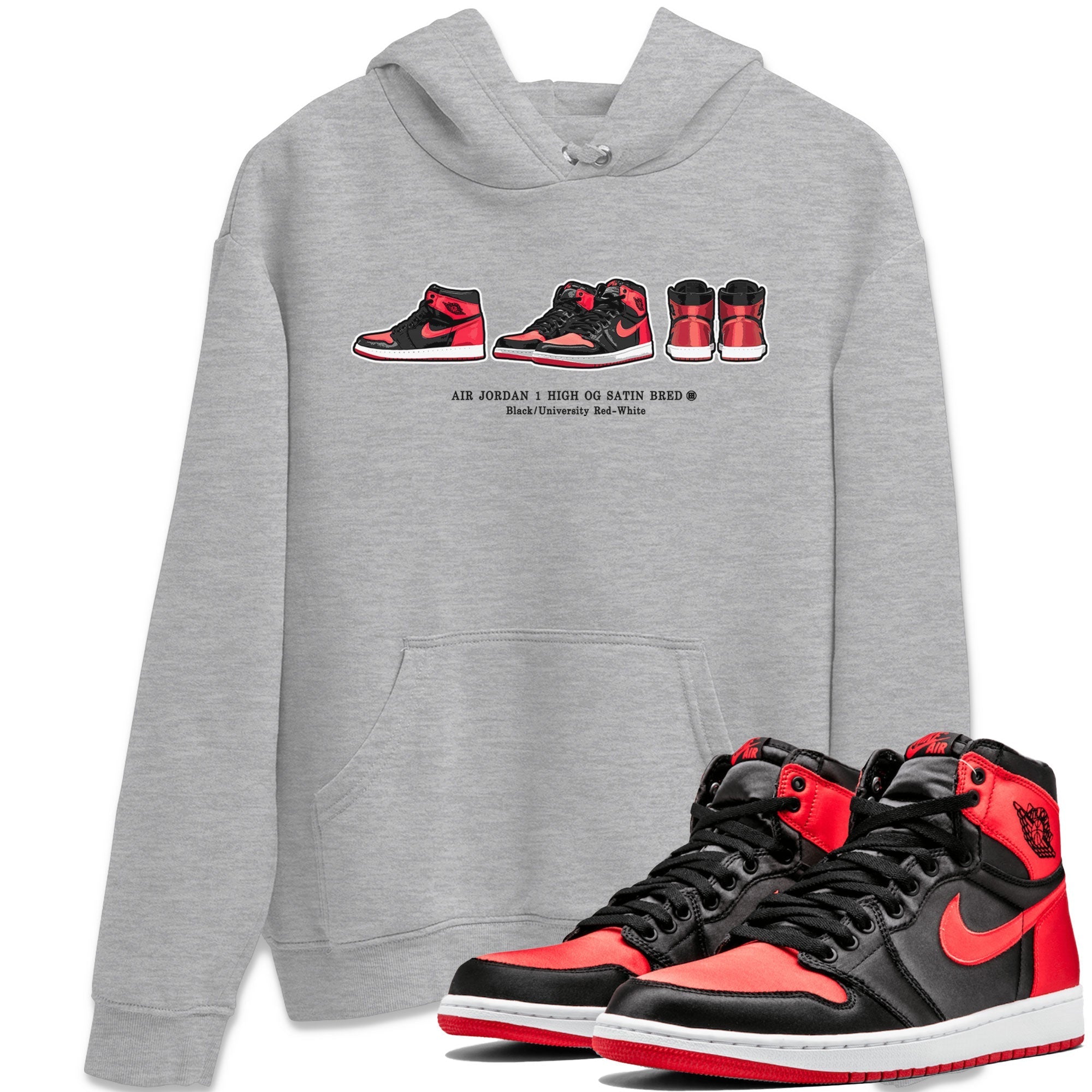 Air Jordan 1 Satin Bred Sneaker Match Tees Sneaker Prelude Streetwear Sneaker Shirt Air Jordan 1 Satin Bred Drip Gear Zone Sneaker Matching Clothing Short Sleeve T-Shirt Heather Grey 1