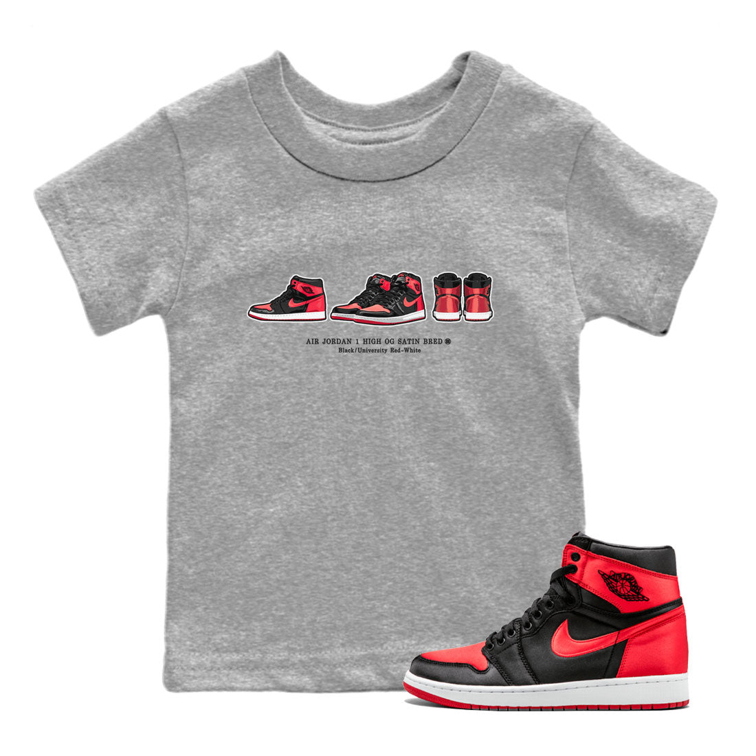 Air Jordan 1 Satin Bred Sneaker Match Tees Sneaker Prelude Streetwear Sneaker Shirt Air Jordan 1 Satin Bred Drip Gear Zone Sneaker Matching Clothing Kids, Youth, Baby Clothing Heather Grey 1