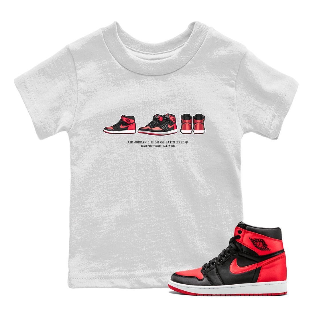 Air Jordan 1 Satin Bred Sneaker Match Tees Sneaker Prelude Streetwear Sneaker Shirt Air Jordan 1 Satin Bred Drip Gear Zone Sneaker Matching Clothing Kids, Youth, Baby Clothing White 1