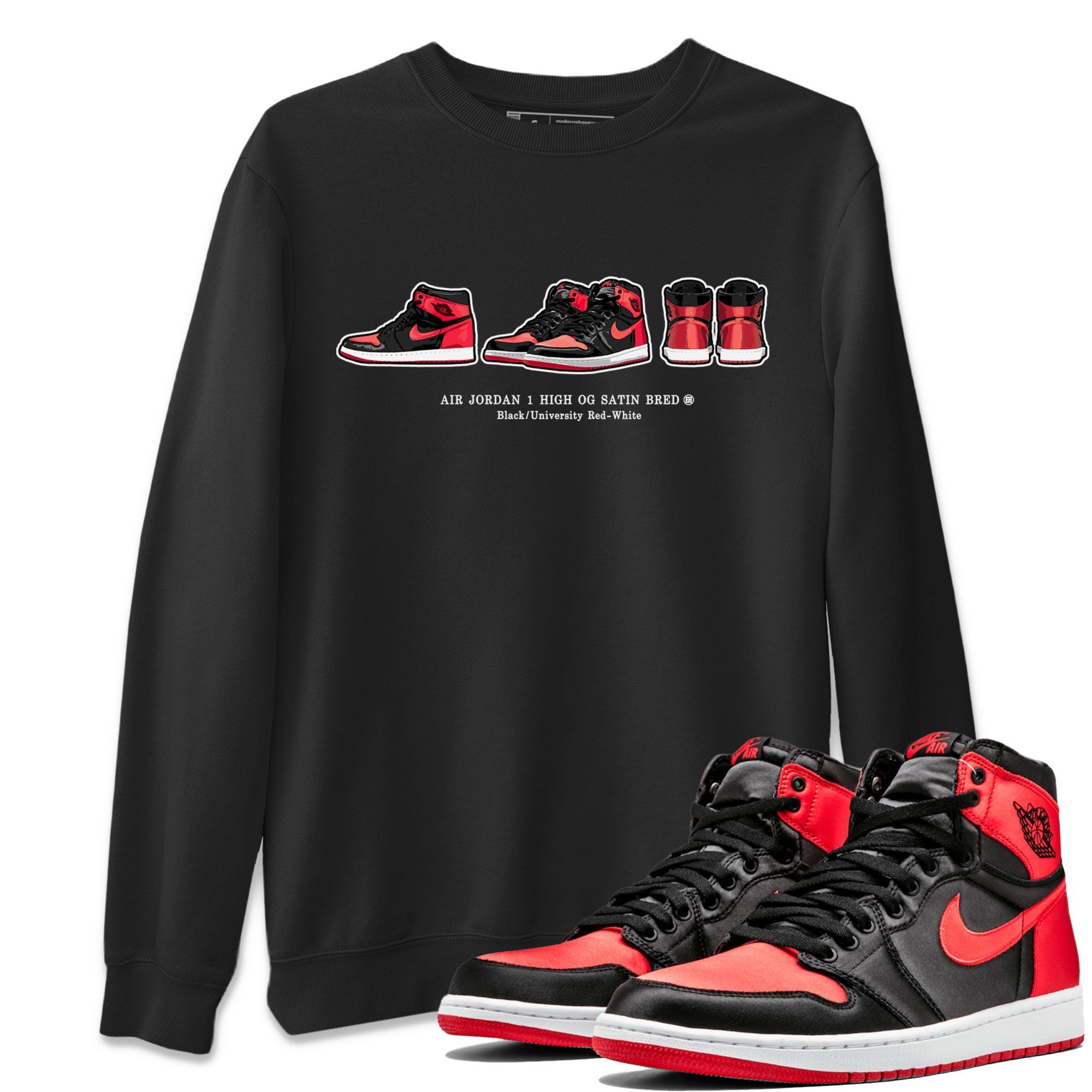 Air Jordan 1 Satin Bred Sneaker Match Tees Sneaker Prelude Streetwear Sneaker Shirt Air Jordan 1 Satin Bred Drip Gear Zone Sneaker Matching Clothing Short Sleeve T-Shirt Black 1