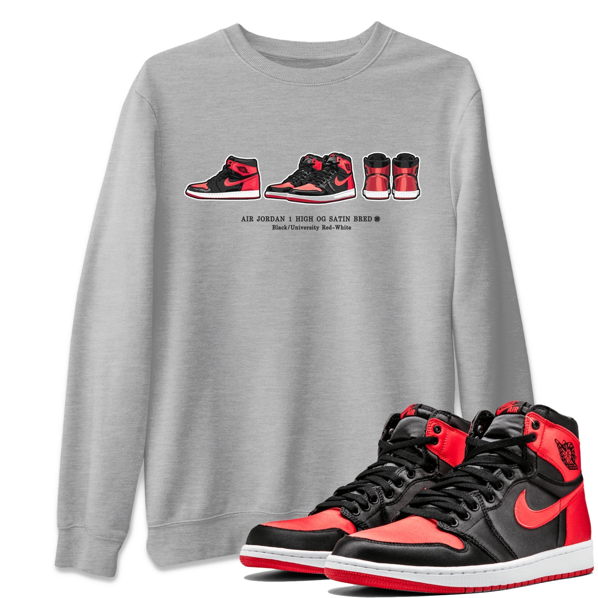 Air Jordan 1 Satin Bred Sneaker Match Tees Sneaker Prelude Streetwear Sneaker Shirt Air Jordan 1 Satin Bred Drip Gear Zone Sneaker Matching Clothing Short Sleeve T-Shirt Heather Grey 1