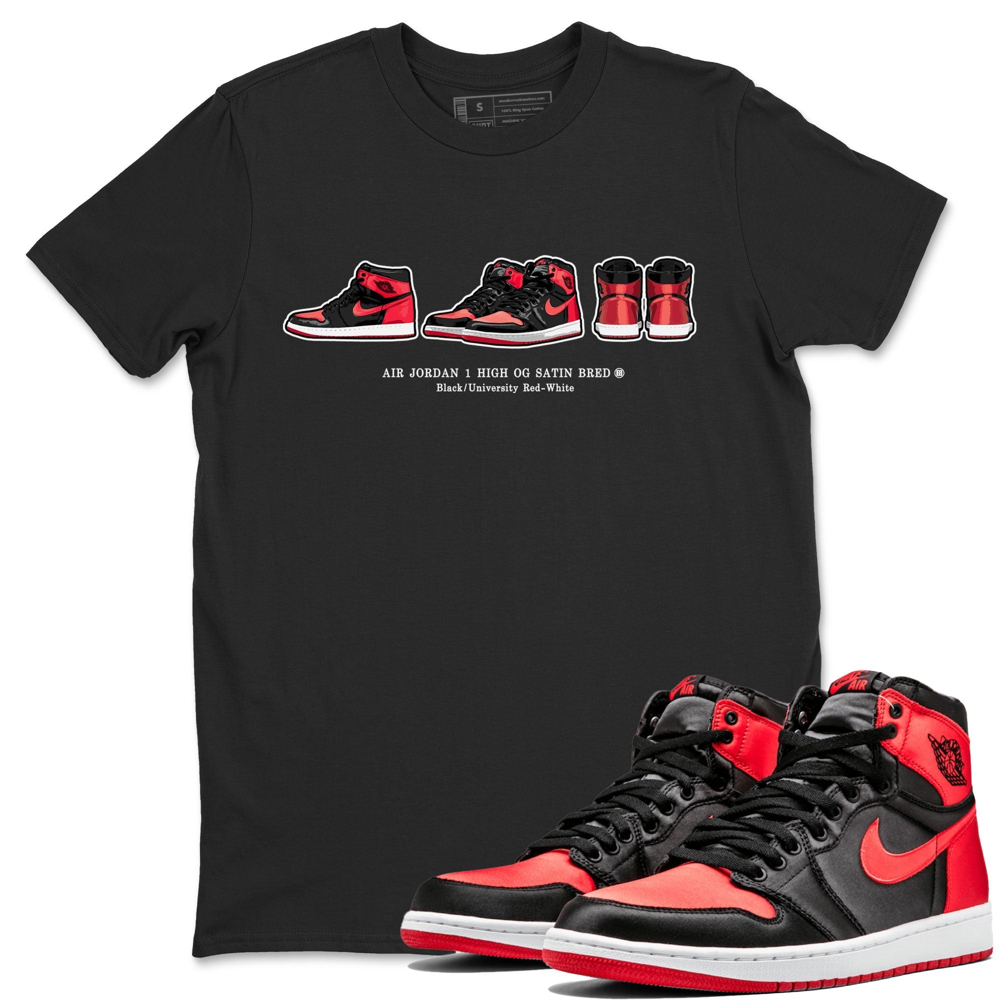 Air Jordan 1 Satin Bred Sneaker Match Tees Sneaker Prelude Streetwear Sneaker Shirt Air Jordan 1 Satin Bred Drip Gear Zone Sneaker Matching Clothing Short Sleeve T-Shirt Black 1
