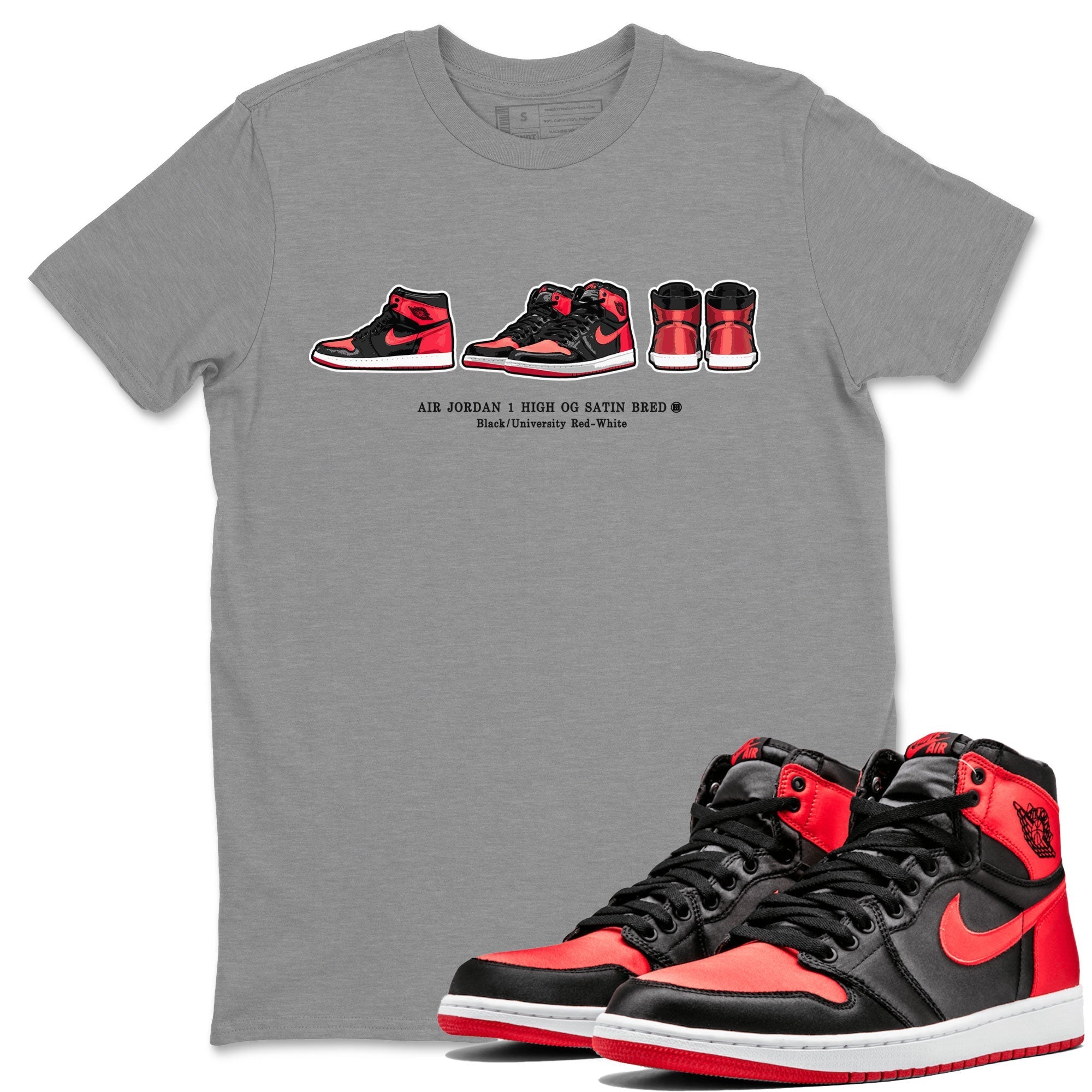 Air Jordan 1 Satin Bred Sneaker Match Tees Sneaker Prelude Streetwear Sneaker Shirt Air Jordan 1 Satin Bred Drip Gear Zone Sneaker Matching Clothing Short Sleeve T-Shirt Heather Grey 1