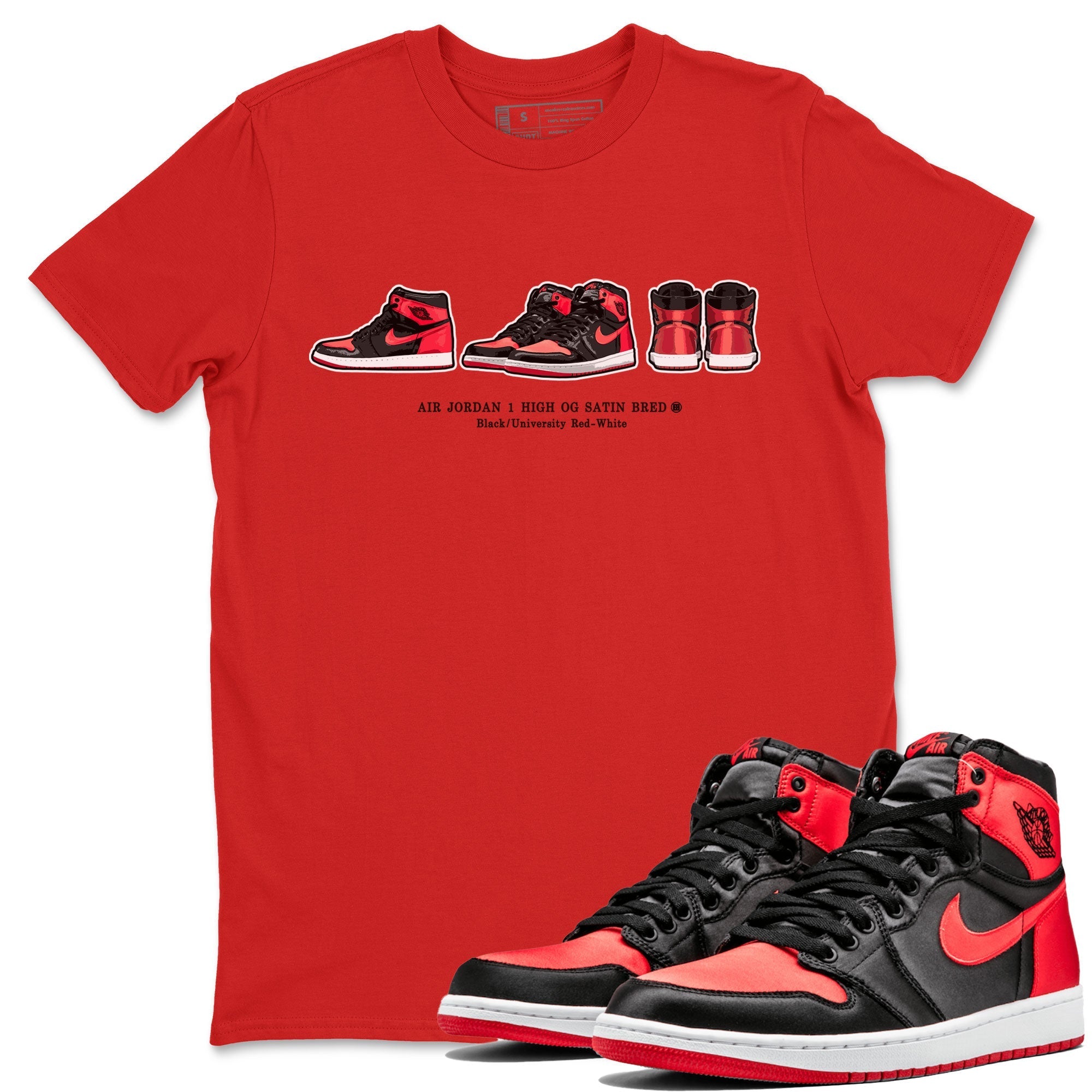 Air Jordan 1 Satin Bred Sneaker Match Tees Sneaker Prelude Streetwear Sneaker Shirt Air Jordan 1 Satin Bred Drip Gear Zone Sneaker Matching Clothing Short Sleeve T-Shirt Red 1
