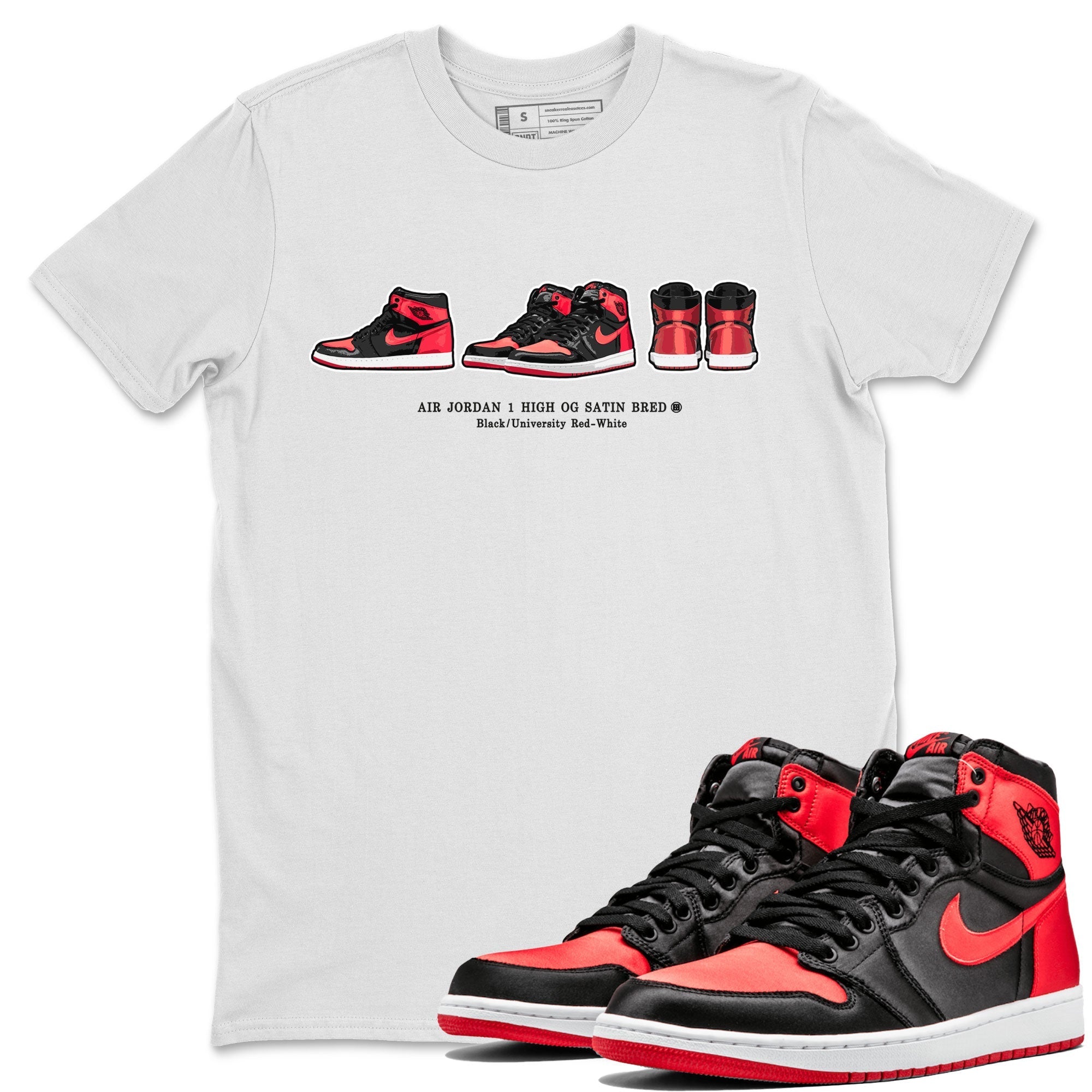 Air Jordan 1 Satin Bred Sneaker Match Tees Sneaker Prelude Streetwear Sneaker Shirt Air Jordan 1 Satin Bred Drip Gear Zone Sneaker Matching Clothing Short Sleeve T-Shirt White 1