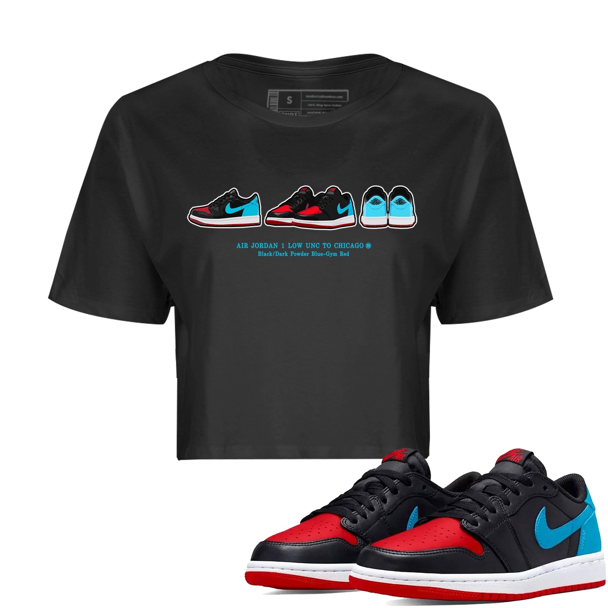 Air Jordan 1 UNC to Chicago Sneaker Match Tees Sneaker Prelude Streetwear Sneaker Shirt Jordan 1 Low OG WMNS UNC to Chicago Drip Gear Zone Sneaker Matching Clothing Women's Shirts Black 1