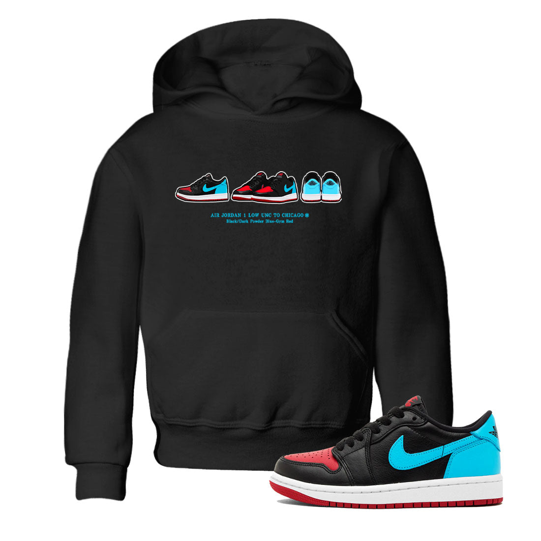 Air Jordan 1 UNC to Chicago Sneaker Match Tees Sneaker Prelude Streetwear Sneaker Shirt Jordan 1 Low OG WMNS UNC to Chicago Drip Gear Zone Sneaker Matching Clothing Kids and Baby Youth Shirts Black 1