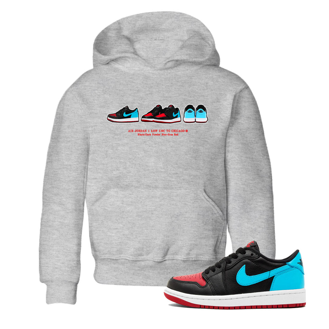 Air Jordan 1 UNC to Chicago Sneaker Match Tees Sneaker Prelude Streetwear Sneaker Shirt Jordan 1 Low OG WMNS UNC to Chicago Drip Gear Zone Sneaker Matching Clothing Kids and Baby Youth Shirts Heather Grey 1