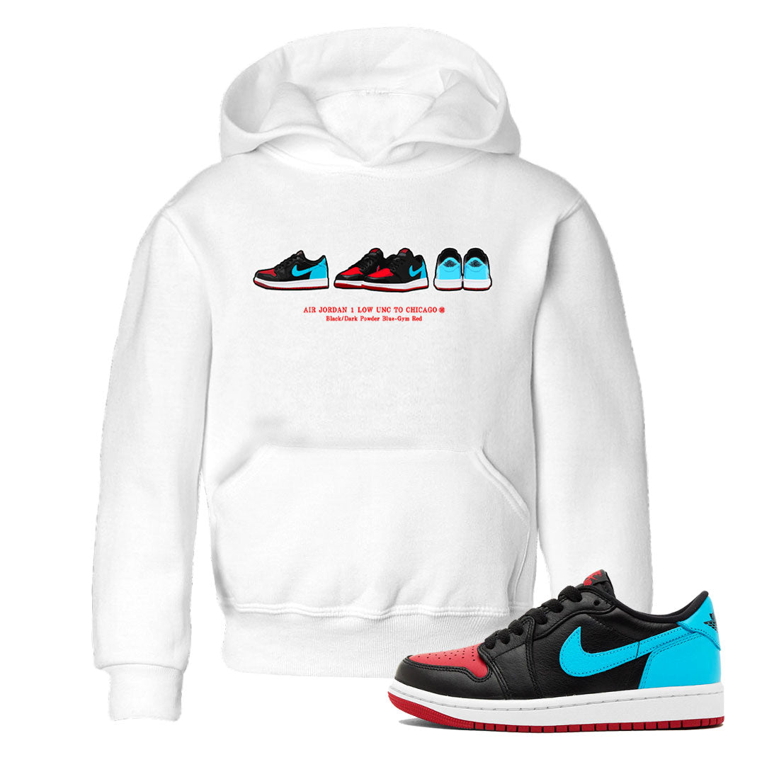 Air Jordan 1 UNC to Chicago Sneaker Match Tees Sneaker Prelude Streetwear Sneaker Shirt Jordan 1 Low OG WMNS UNC to Chicago Drip Gear Zone Sneaker Matching Clothing Kids and Baby Youth Shirts White 1
