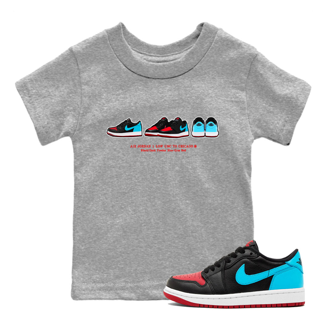 Air Jordan 1 UNC to Chicago Sneaker Match Tees Sneaker Prelude Streetwear Sneaker Shirt Jordan 1 Low OG WMNS UNC to Chicago Drip Gear Zone Sneaker Matching Clothing Kids and Baby Youth Shirts Heather Grey 1