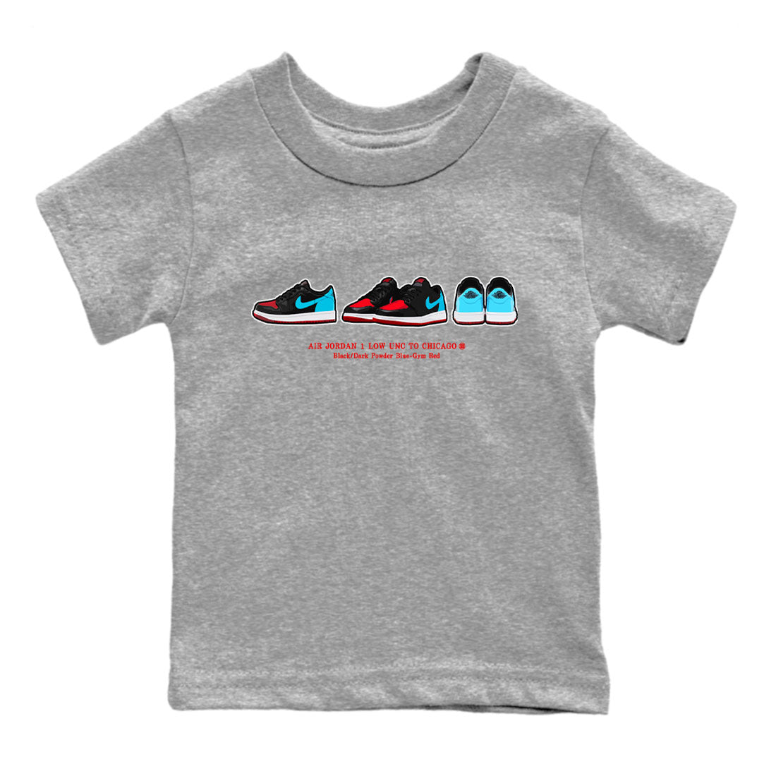 Air Jordan 1 UNC to Chicago Sneaker Match Tees Sneaker Prelude Streetwear Sneaker Shirt Jordan 1 Low OG WMNS UNC to Chicago Drip Gear Zone Sneaker Matching Clothing Kids and Baby Youth Shirts Heather Grey 2
