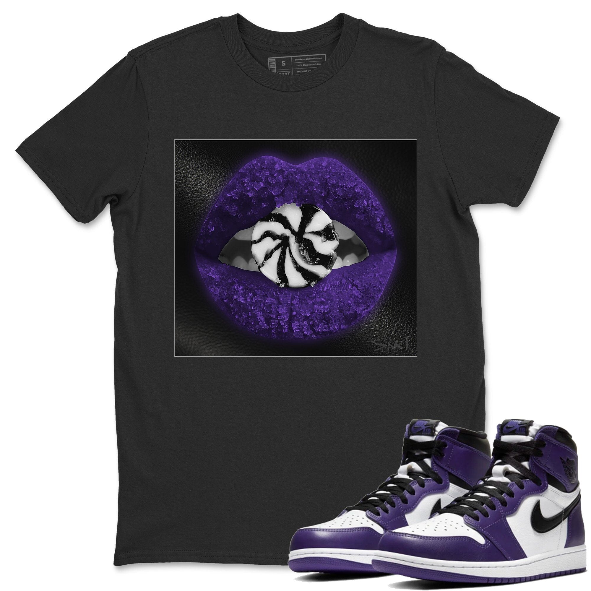 Jordan 1 Court Purple Sneaker Matching T-Shirt Lips Candy Sneaker Tees Jordan 1 Court Purple Sneaker Release Tees Crew Neck Tees