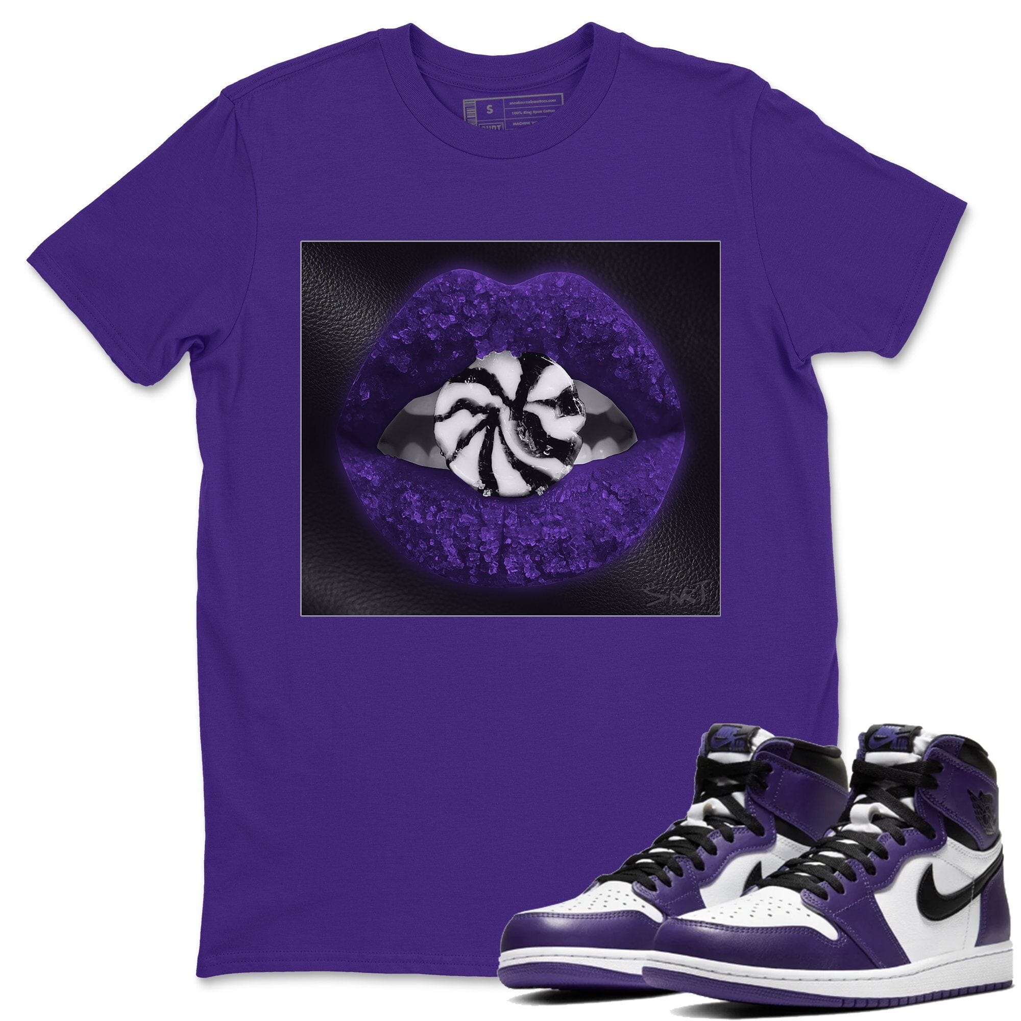 Jordan 1 Court Purple Sneaker Matching T-Shirt Lips Candy Sneaker Tees Jordan 1 Court Purple Sneaker Release Tees Crew Neck Tees