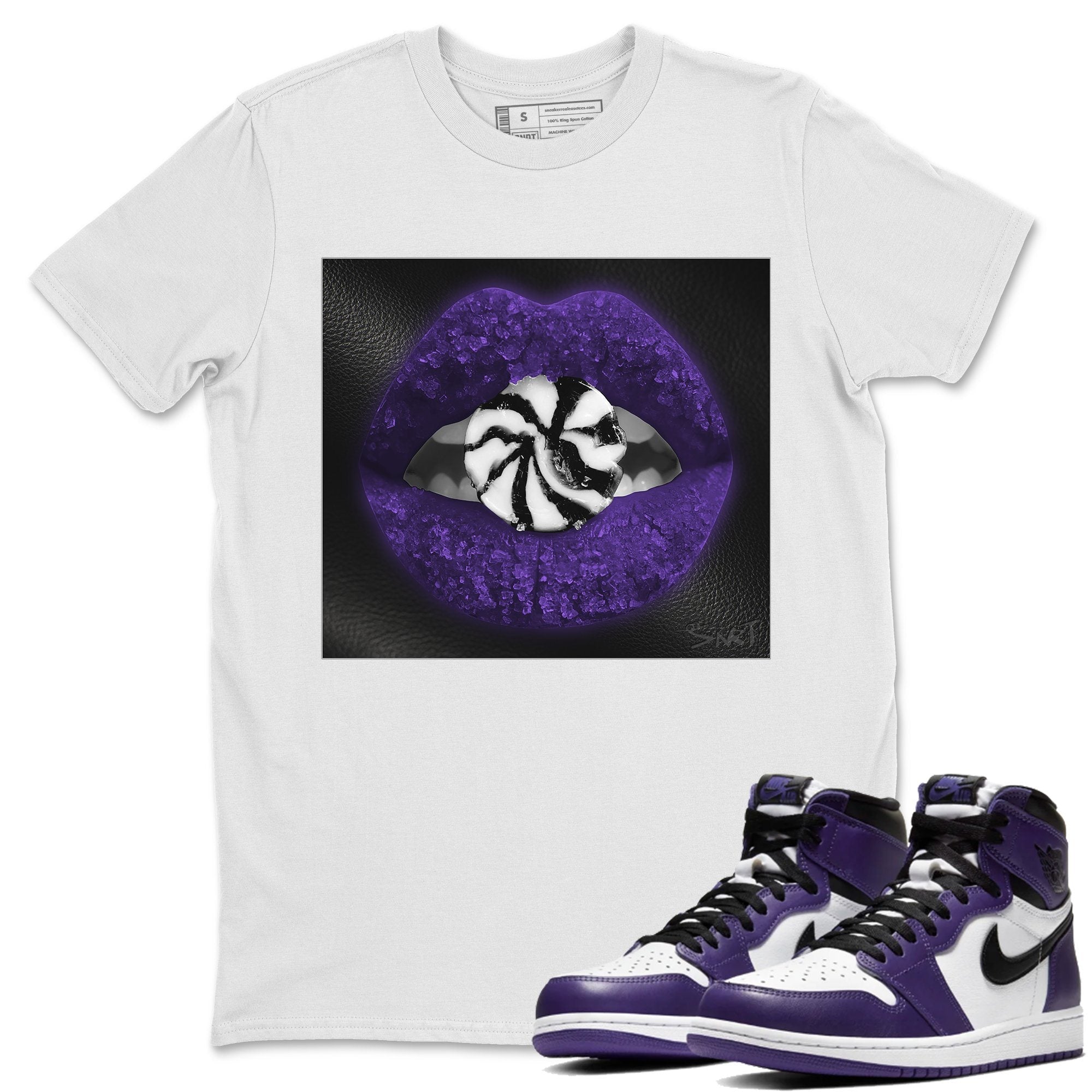 Jordan 1 Court Purple Sneaker Matching T-Shirt Lips Candy Sneaker Tees Jordan 1 Court Purple Sneaker Release Tees Crew Neck Tees