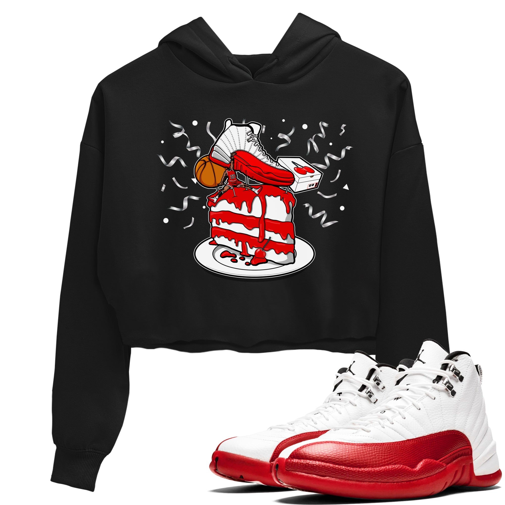 Jordan 12 Retro Cherry shirt to match jordans Varsity Red Sneaker Topper special sneaker matching tees 12s Cherry Drip Gear Zone Black 1 Crop T-Shirt