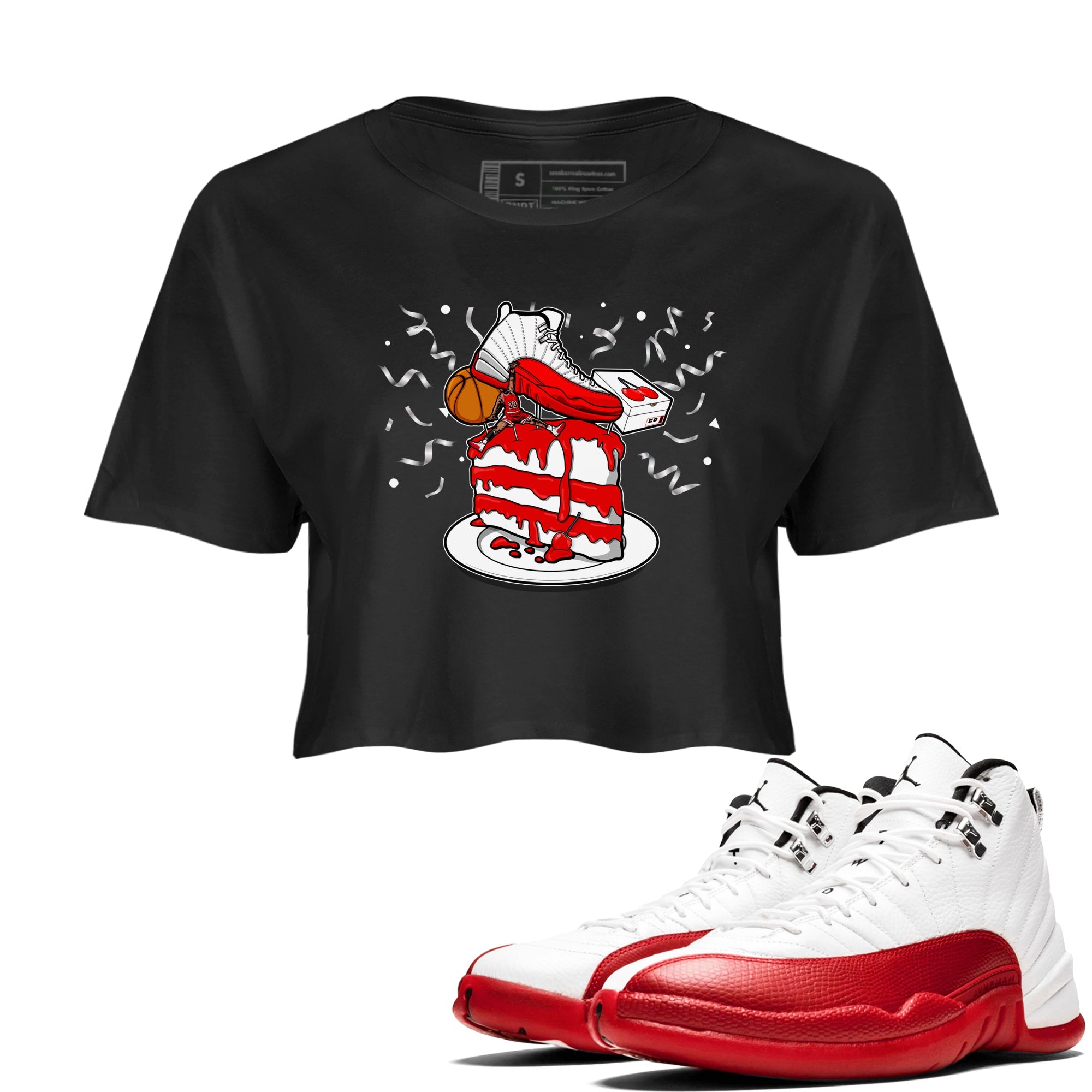 Jordan 12 Retro Cherry shirt to match jordans Varsity Red Sneaker Topper special sneaker matching tees 12s Cherry Drip Gear Zone Black 1 Crop T-Shirt