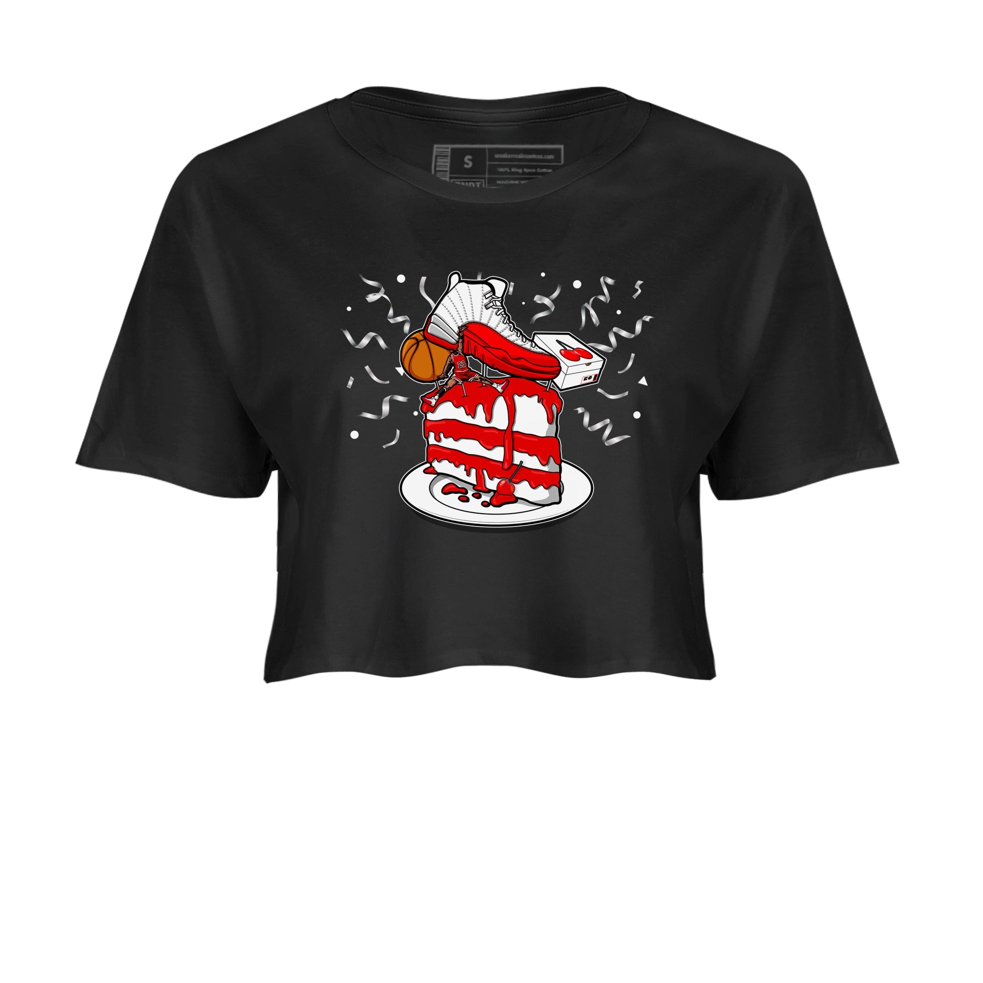 Jordan 12 Retro Cherry shirt to match jordans Varsity Red Sneaker Topper special sneaker matching tees 12s Cherry Drip Gear Zone Black 2 Crop T-Shirt