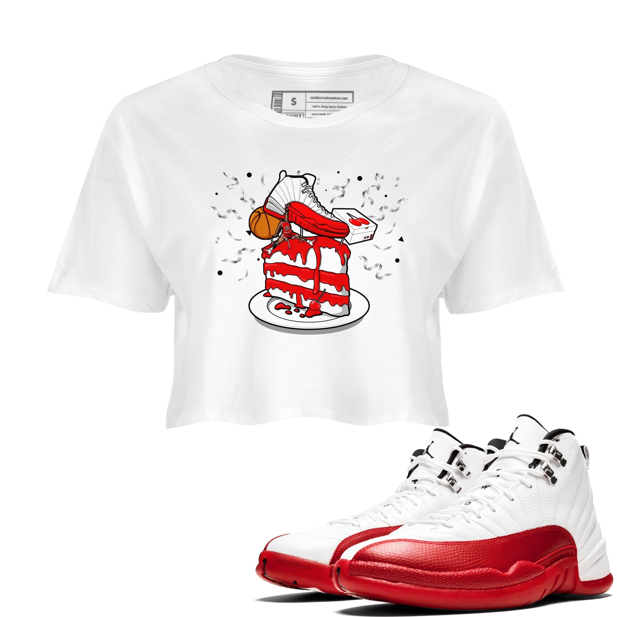 Jordan 12 Retro Cherry shirt to match jordans Varsity Red Sneaker Topper special sneaker matching tees 12s Cherry Drip Gear Zone White 1 Crop T-Shirt