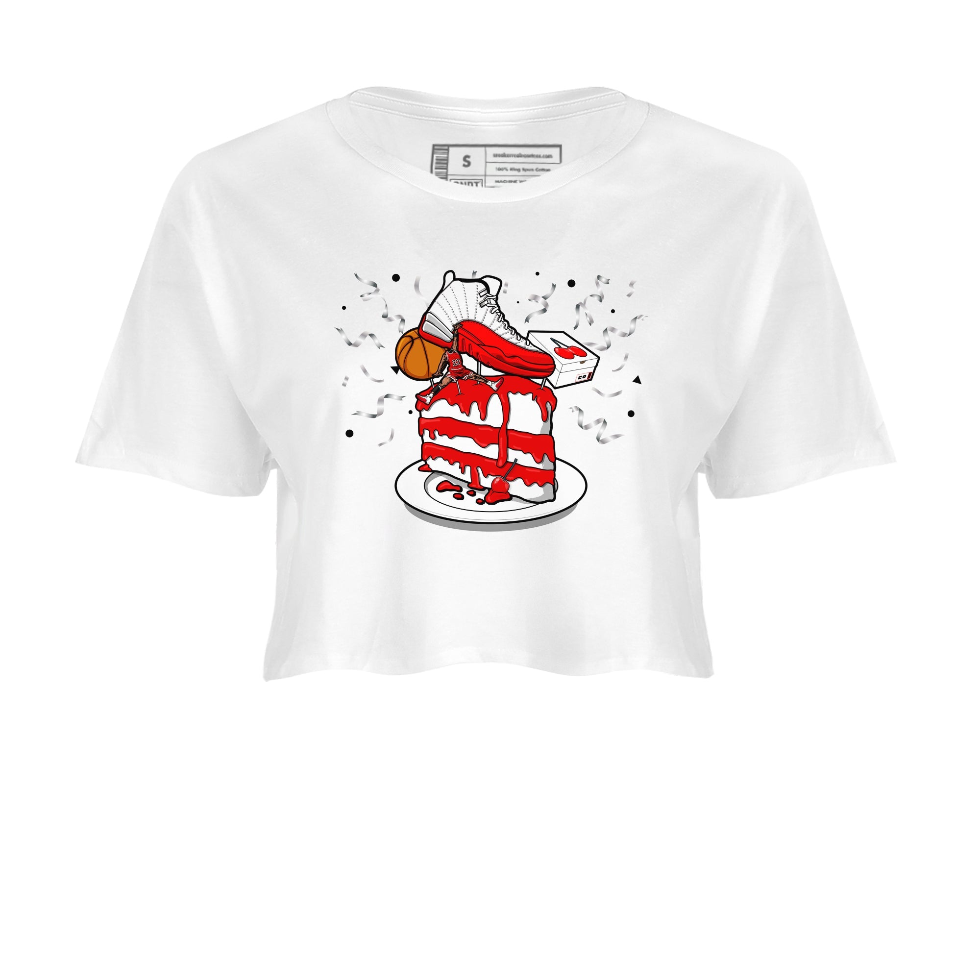 Jordan 12 Retro Cherry shirt to match jordans Varsity Red Sneaker Topper special sneaker matching tees 12s Cherry Drip Gear Zone White 2 Crop T-Shirt
