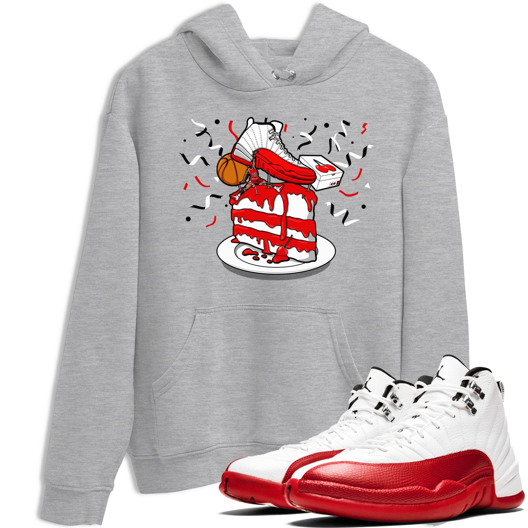 Jordan 12 Retro Cherry shirt to match jordans Varsity Red Sneaker Topper special sneaker matching tees 12s Cherry Drip Gear Zone Unisex Heather Grey 1 T-Shirt