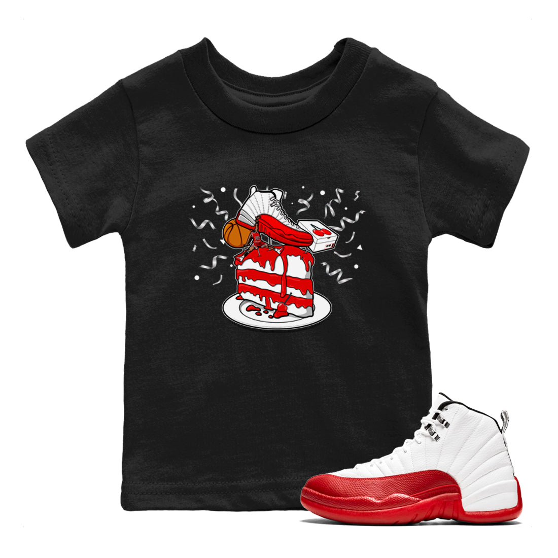 Jordan 12 Retro Cherry shirt to match jordans Varsity Red Sneaker Topper special sneaker matching tees 12s Cherry Drip Gear Zone Baby Toddler Black 1 T-Shirt
