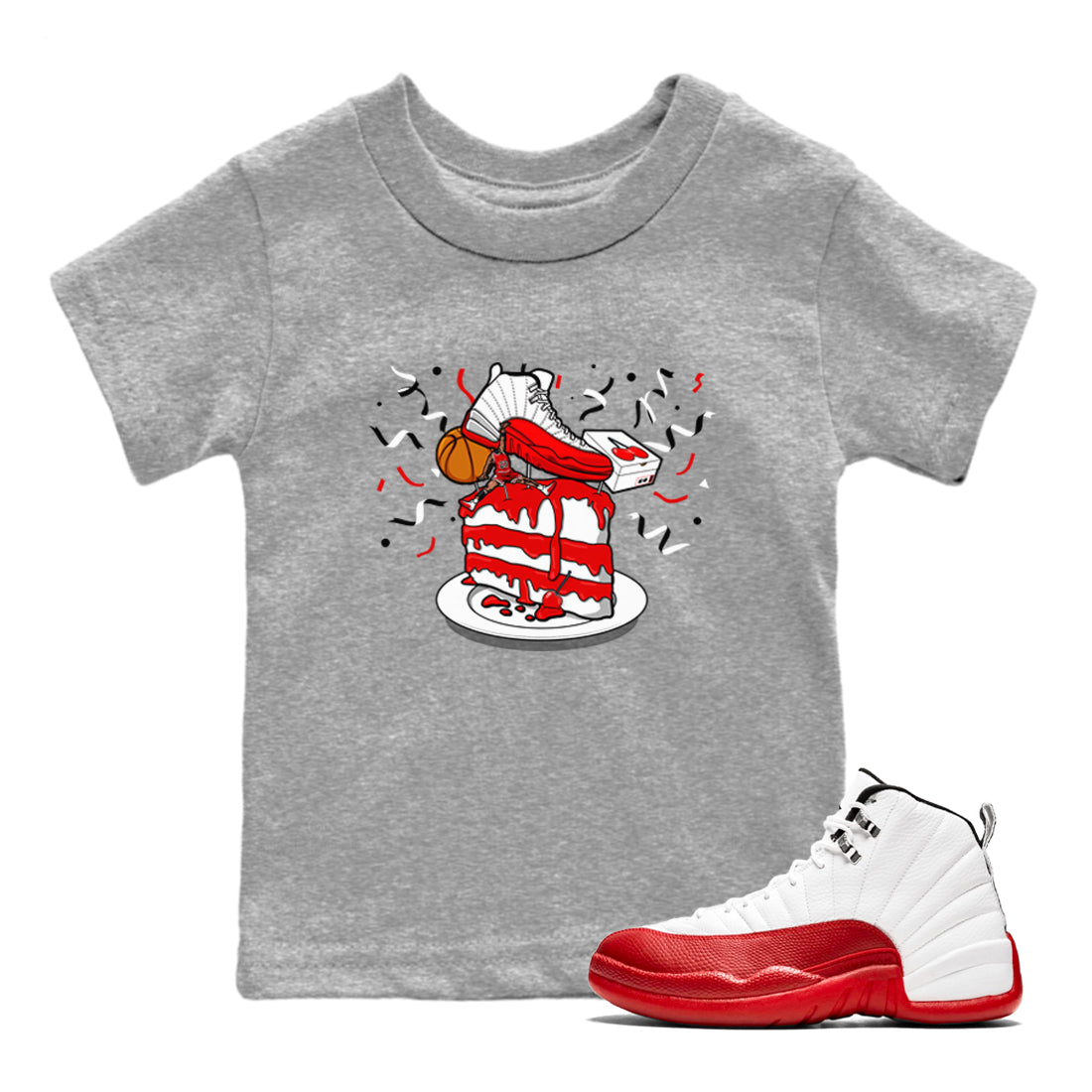 Jordan 12 Retro Cherry shirt to match jordans Varsity Red Sneaker Topper special sneaker matching tees 12s Cherry Drip Gear Zone Baby Toddler Heather Grey 1 T-Shirt