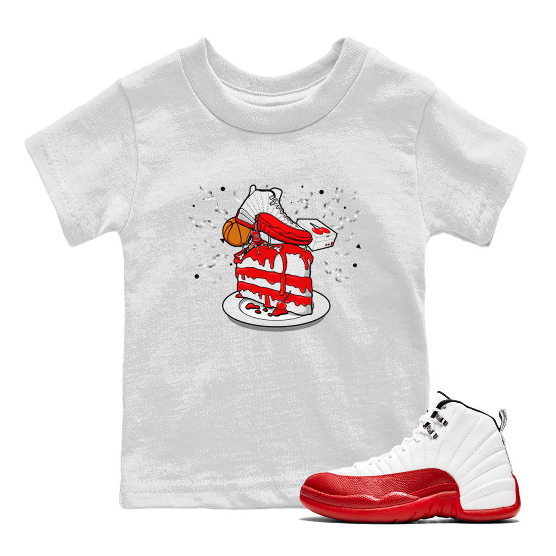 Jordan 12 Retro Cherry shirt to match jordans Varsity Red Sneaker Topper special sneaker matching tees 12s Cherry Drip Gear Zone Baby Toddler White 1 T-Shirt