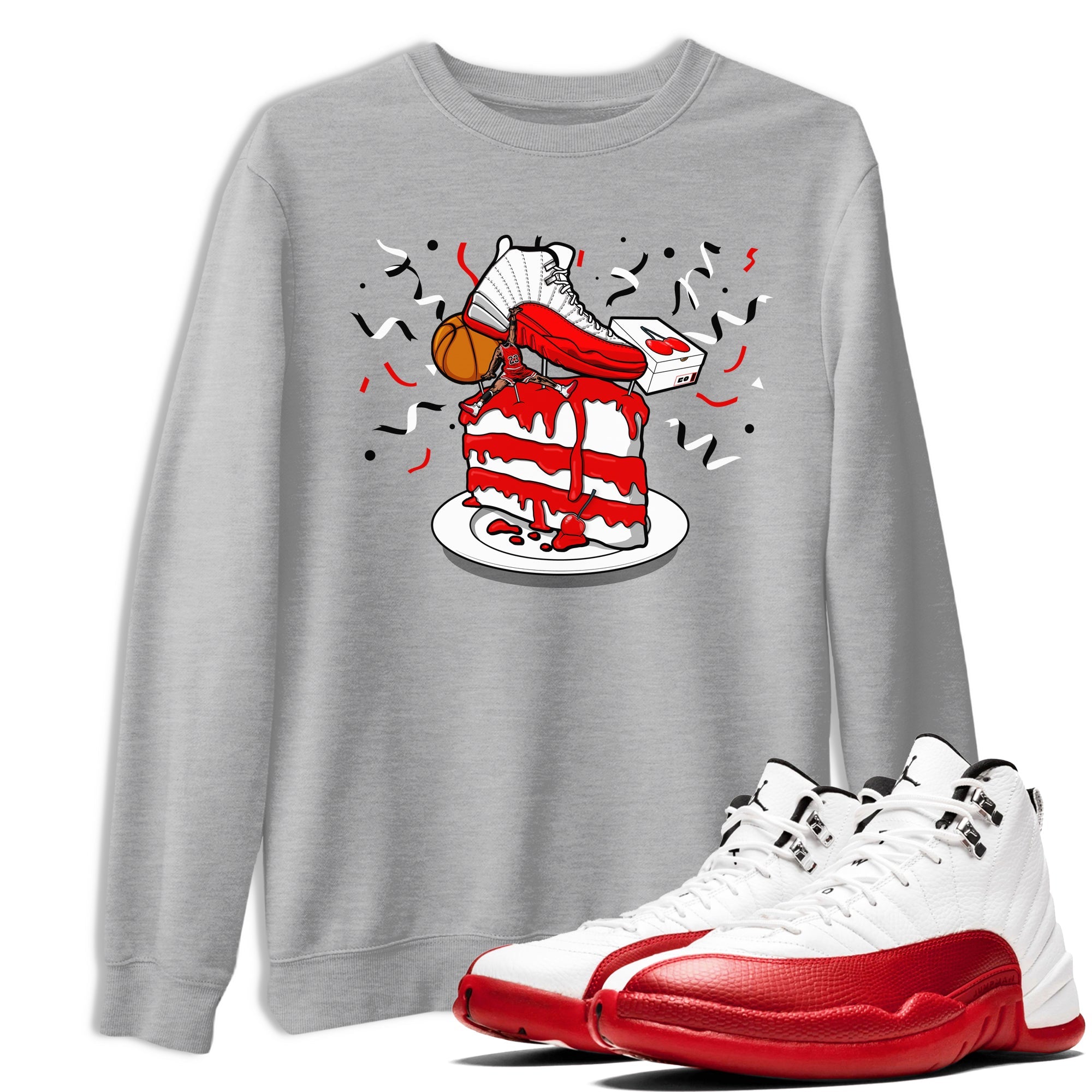 Jordan 12 Retro Cherry shirt to match jordans Varsity Red Sneaker Topper special sneaker matching tees 12s Cherry Drip Gear Zone Unisex Heather Grey 1 T-Shirt