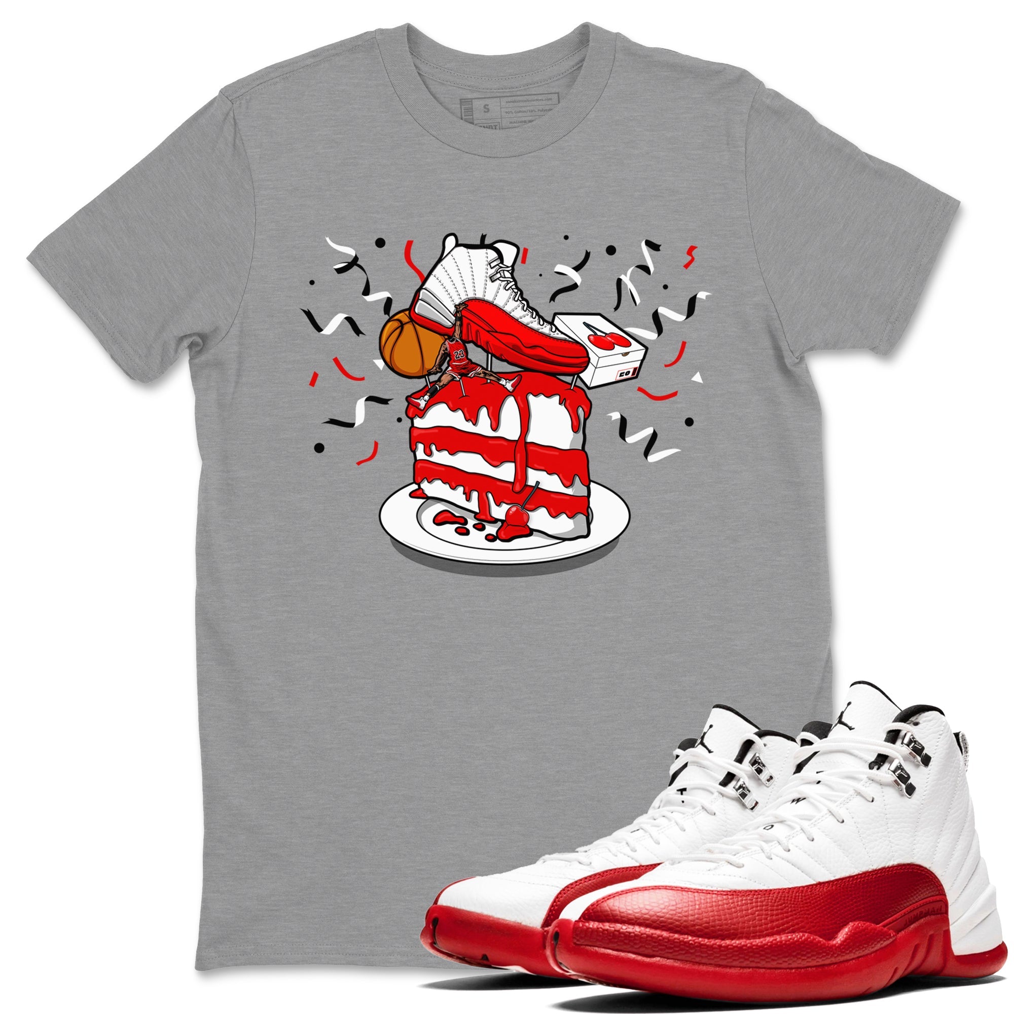 Jordan 12 Retro Cherry shirt to match jordans Varsity Red Sneaker Topper special sneaker matching tees 12s Cherry Drip Gear Zone Unisex Heather Grey 1 T-Shirt