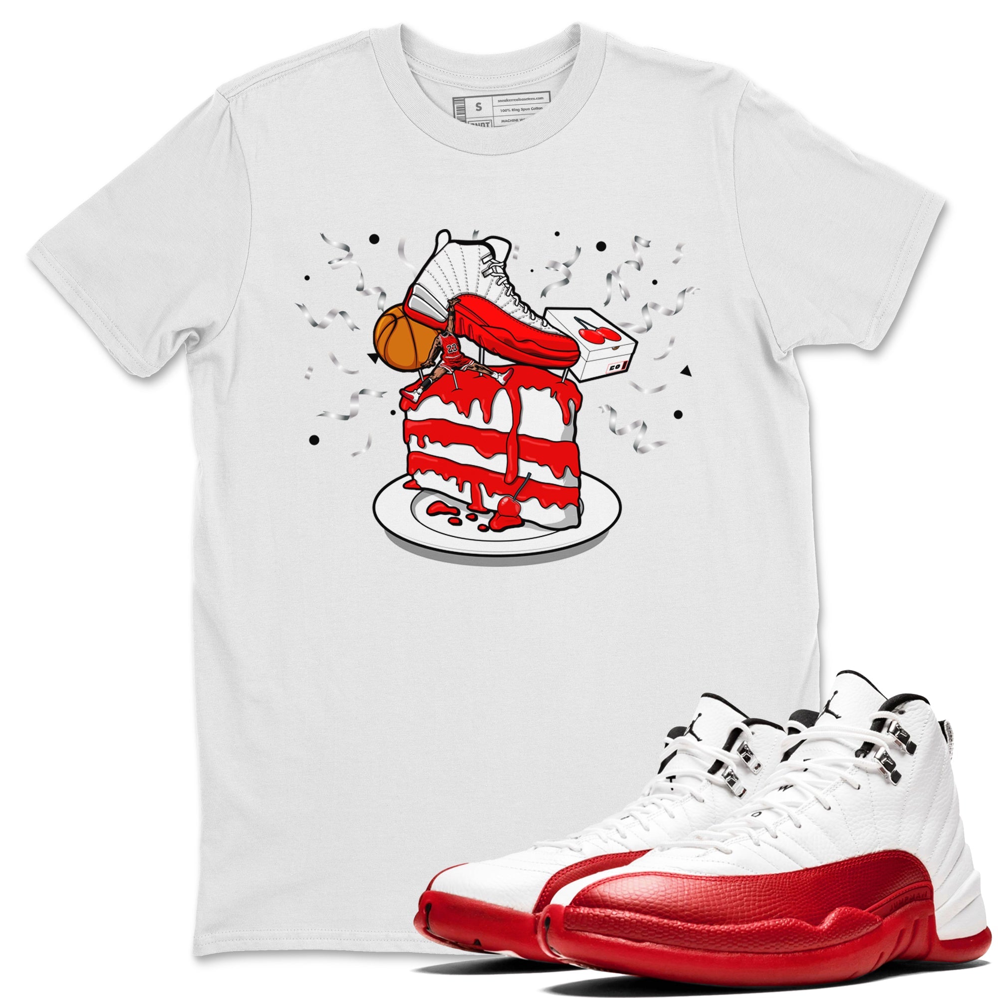 Jordan 12 Retro Cherry shirt to match jordans Varsity Red Sneaker Topper special sneaker matching tees 12s Cherry Drip Gear Zone Unisex White 1 T-Shirt