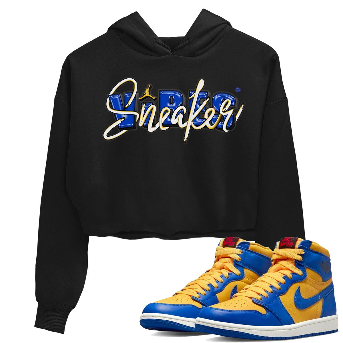 Jordan 1 Game Royal and Varsity Maize Sneaker Matching T-Shirt Sneaker Vibes Sneaker Tees Jordan 1 Game Royal and Varsity Maize Sneaker Release Tees Women's Shirts