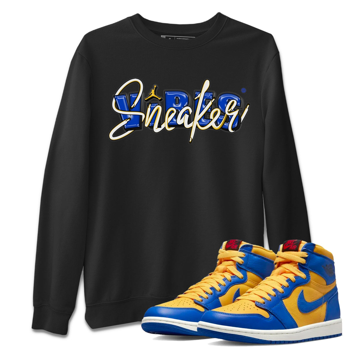 Jordan 1 Game Royal and Varsity Maize Sneaker Matching T-Shirt Sneaker Vibes Sneaker Tees Jordan 1 Game Royal and Varsity Maize Sneaker Release Tees Crew Neck Tees