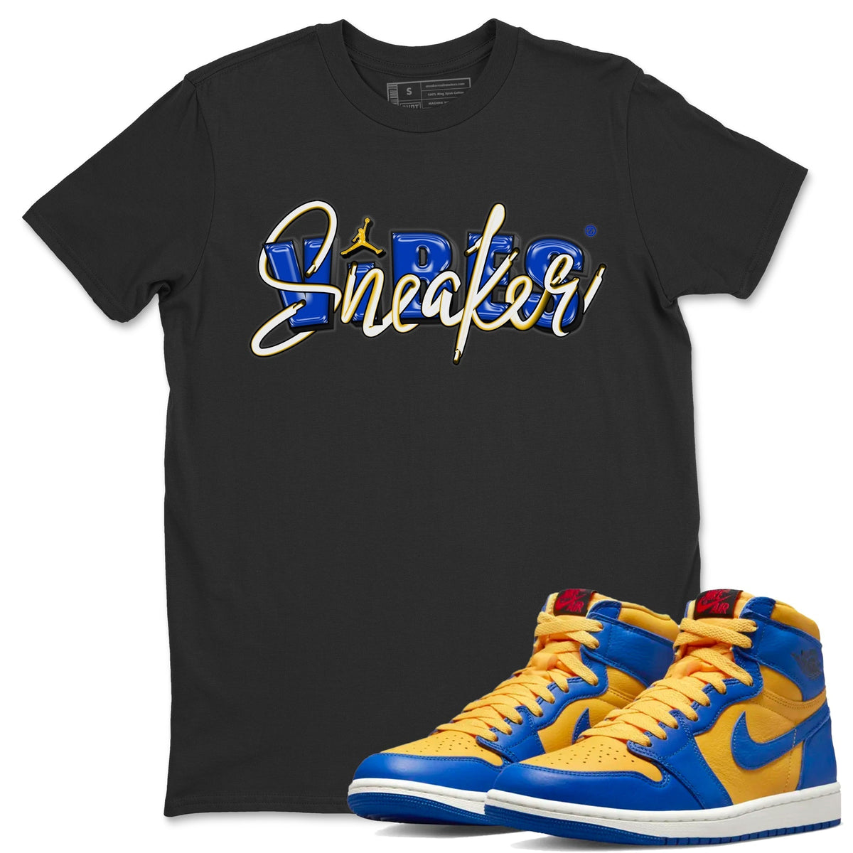 Jordan 1 Game Royal and Varsity Maize Sneaker Matching T-Shirt Sneaker Vibes Sneaker Tees Jordan 1 Game Royal and Varsity Maize Sneaker Release Tees Crew Neck Tees
