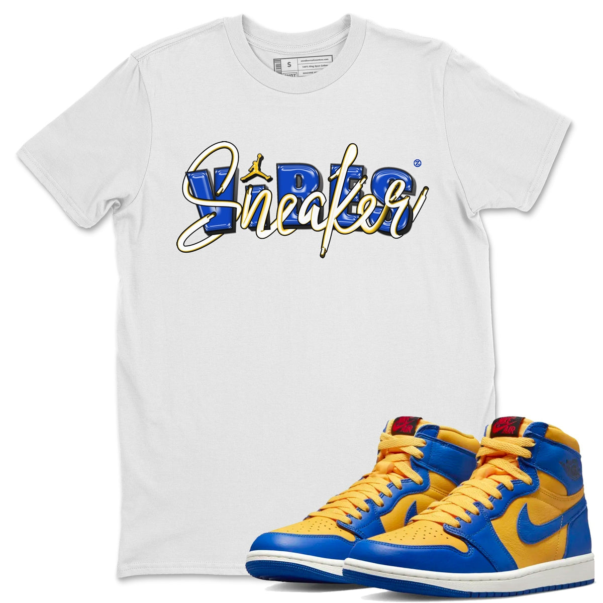 Jordan 1 Game Royal and Varsity Maize Sneaker Matching T-Shirt Sneaker Vibes Sneaker Tees Jordan 1 Game Royal and Varsity Maize Sneaker Release Tees Crew Neck Tees