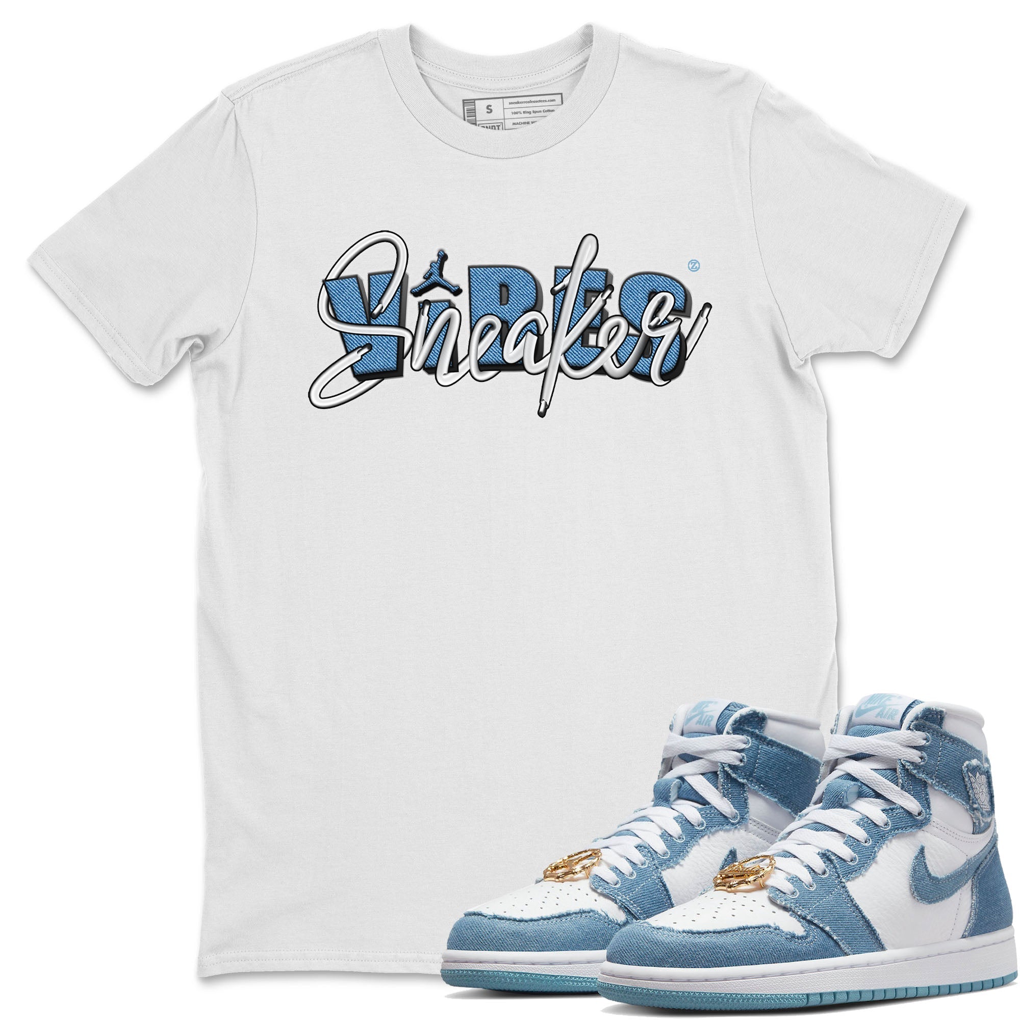 Jordan 1 Denim Sneaker Matching T-Shirt Sneaker Vibes Sneaker Tees Jordan 1 Denim Sneaker Release Tees Crew Neck Tees
