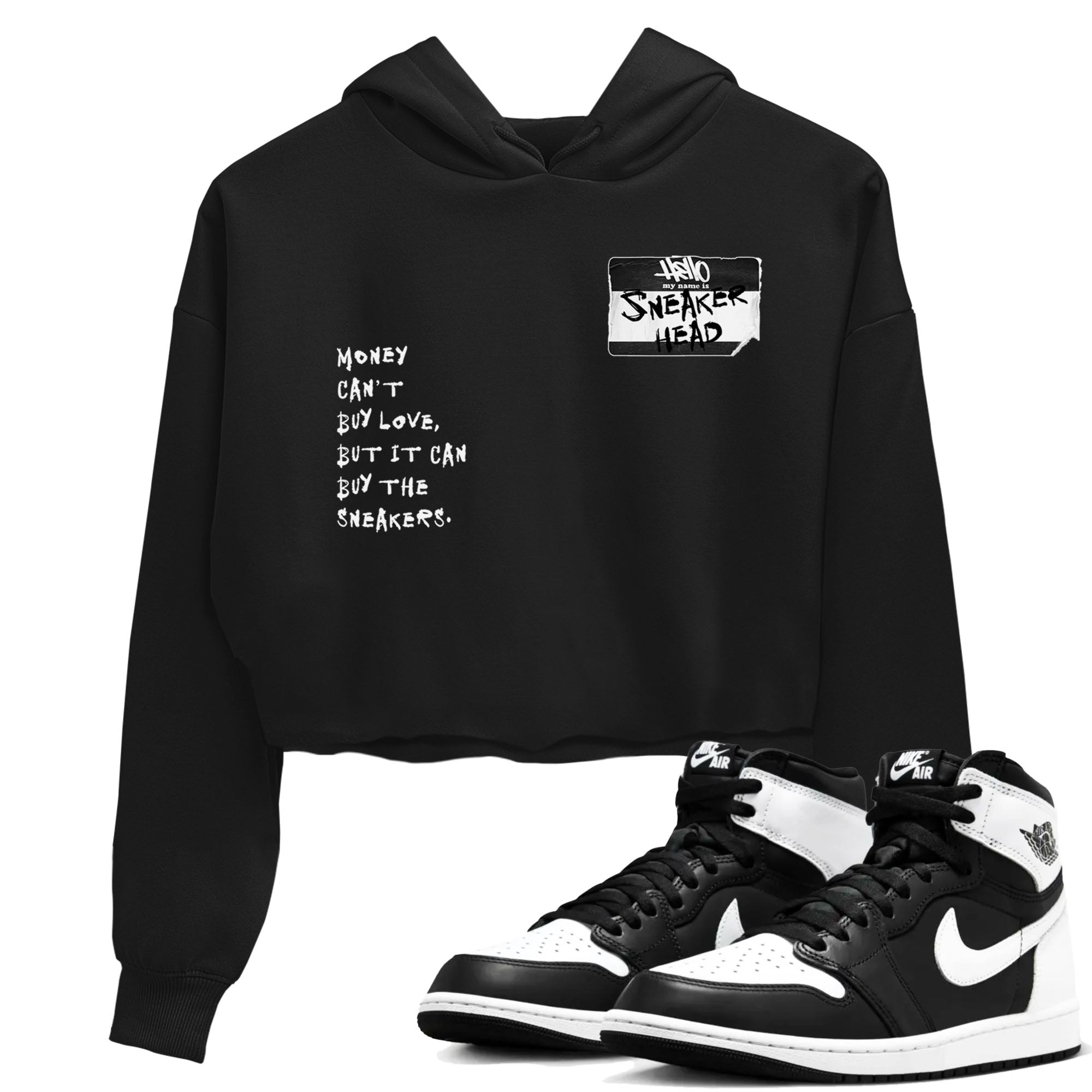 Air Jordan 1 High OG Black White shirt to match jordans streetwear brand Sneakerhead Badge sneaker tees Air Jordan 1 Black White Drip Gear Zone Black 1 crop length shirt
