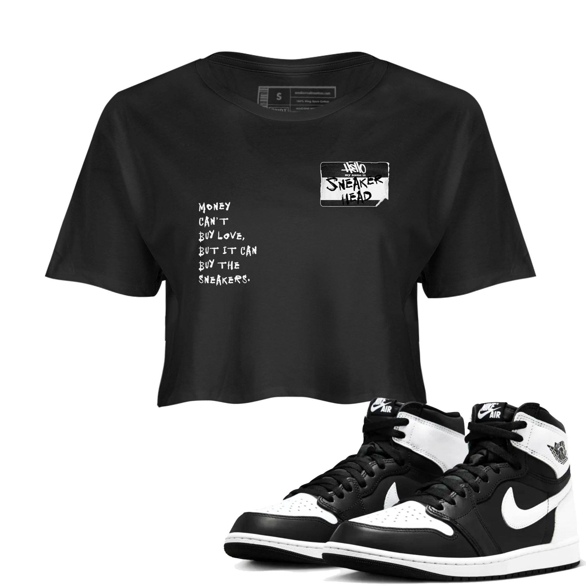 Air Jordan 1 High OG Black White shirt to match jordans streetwear brand Sneakerhead Badge sneaker tees Air Jordan 1 Black White Drip Gear Zone Black 1 crop length shirt