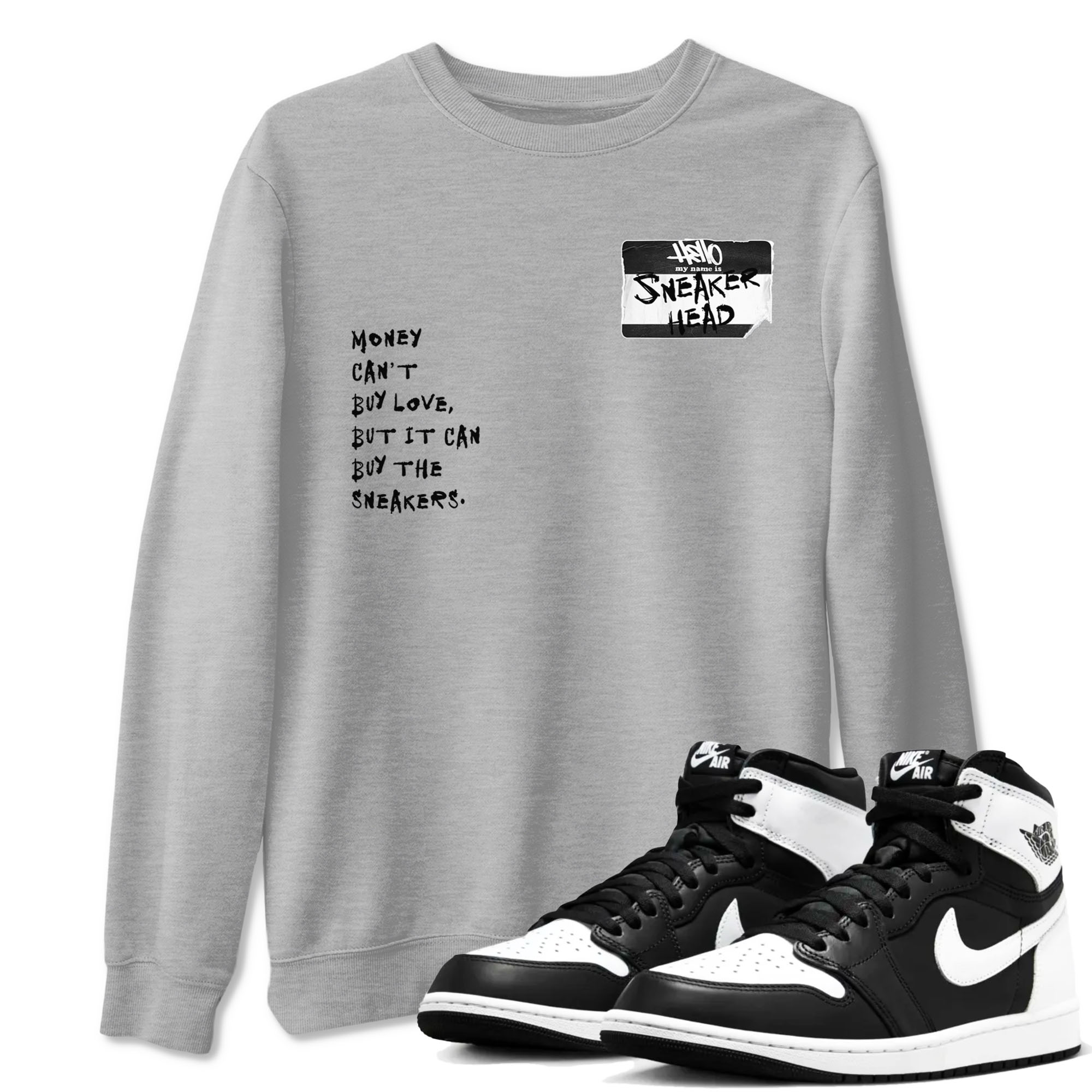Air Jordan 1 High OG Black White shirt to match jordans streetwear brand Sneakerhead Badge sneaker tees Air Jordan 1 Black White Drip Gear Zone unisex cotton Heather Grey 1 crew neck shirt