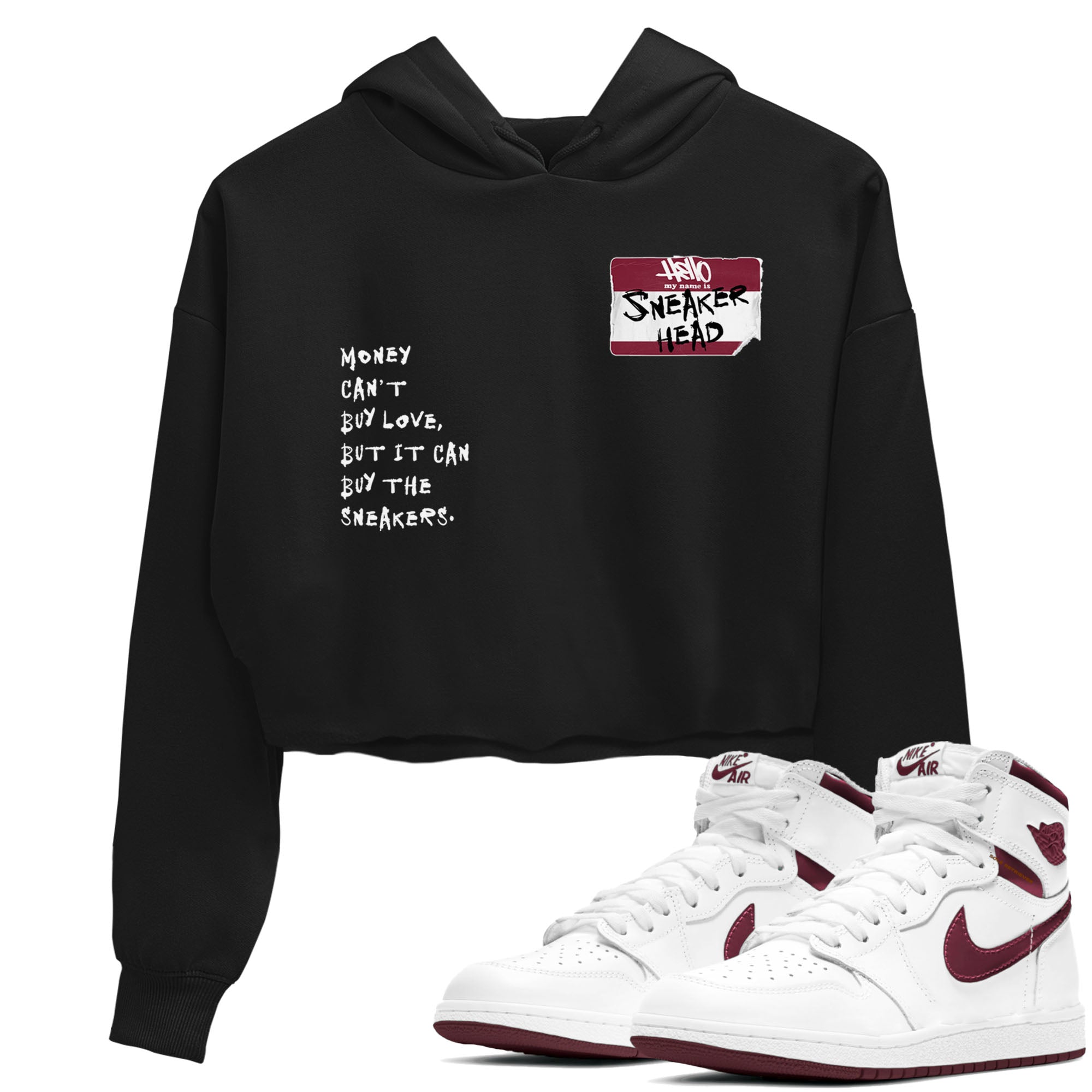 1s Metallic Burgundy shirt to match jordans streetwear brand Sneakerhead Badge sneaker tees Air Jordan 1 Metallic Burgundy Drip Gear Zone Black 1 crop length shirt
